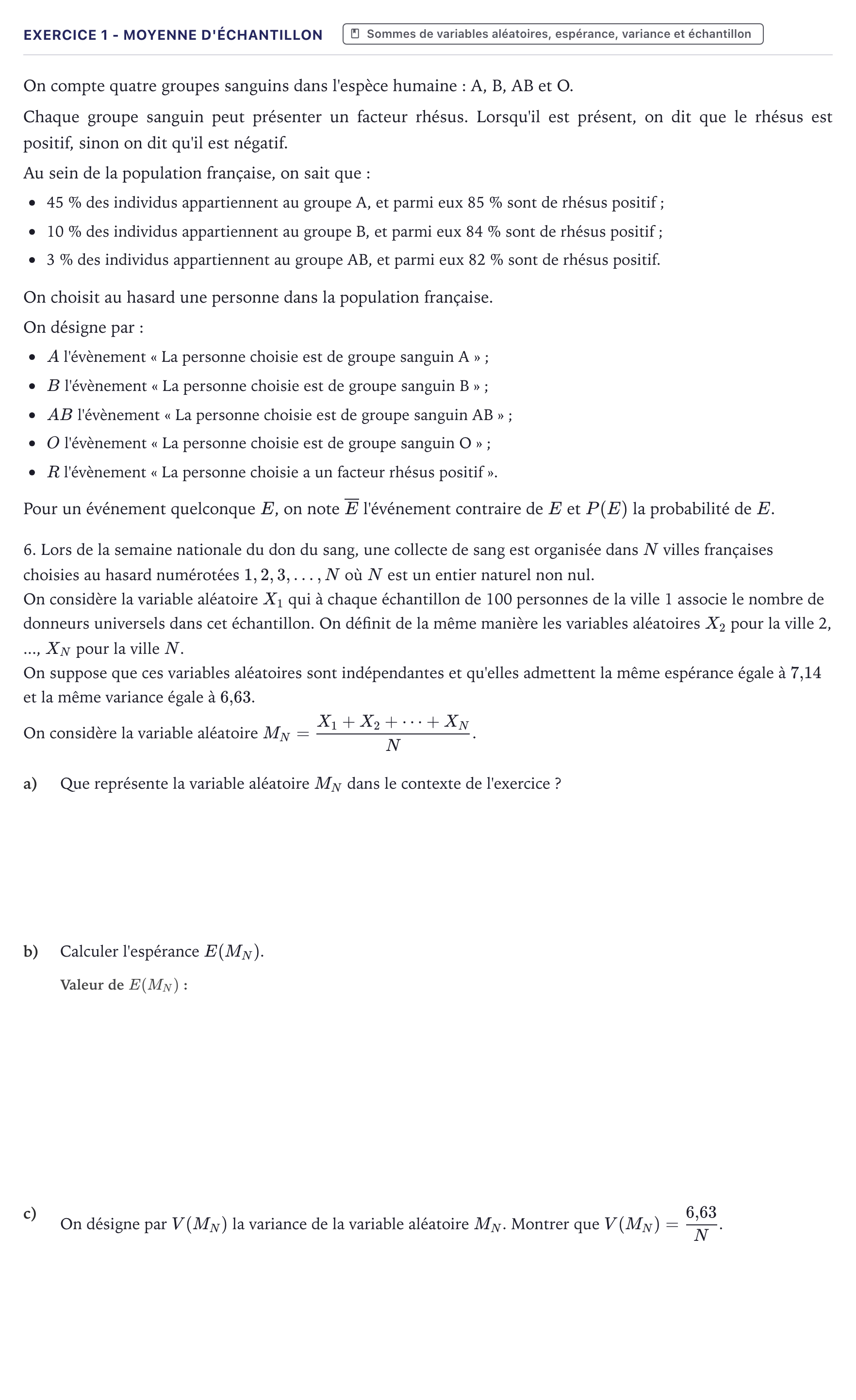 Énoncé: Exercice 1 - Moyenne d'échantillon · Bac Mathématiques Métropole 2025 (sujet 1)