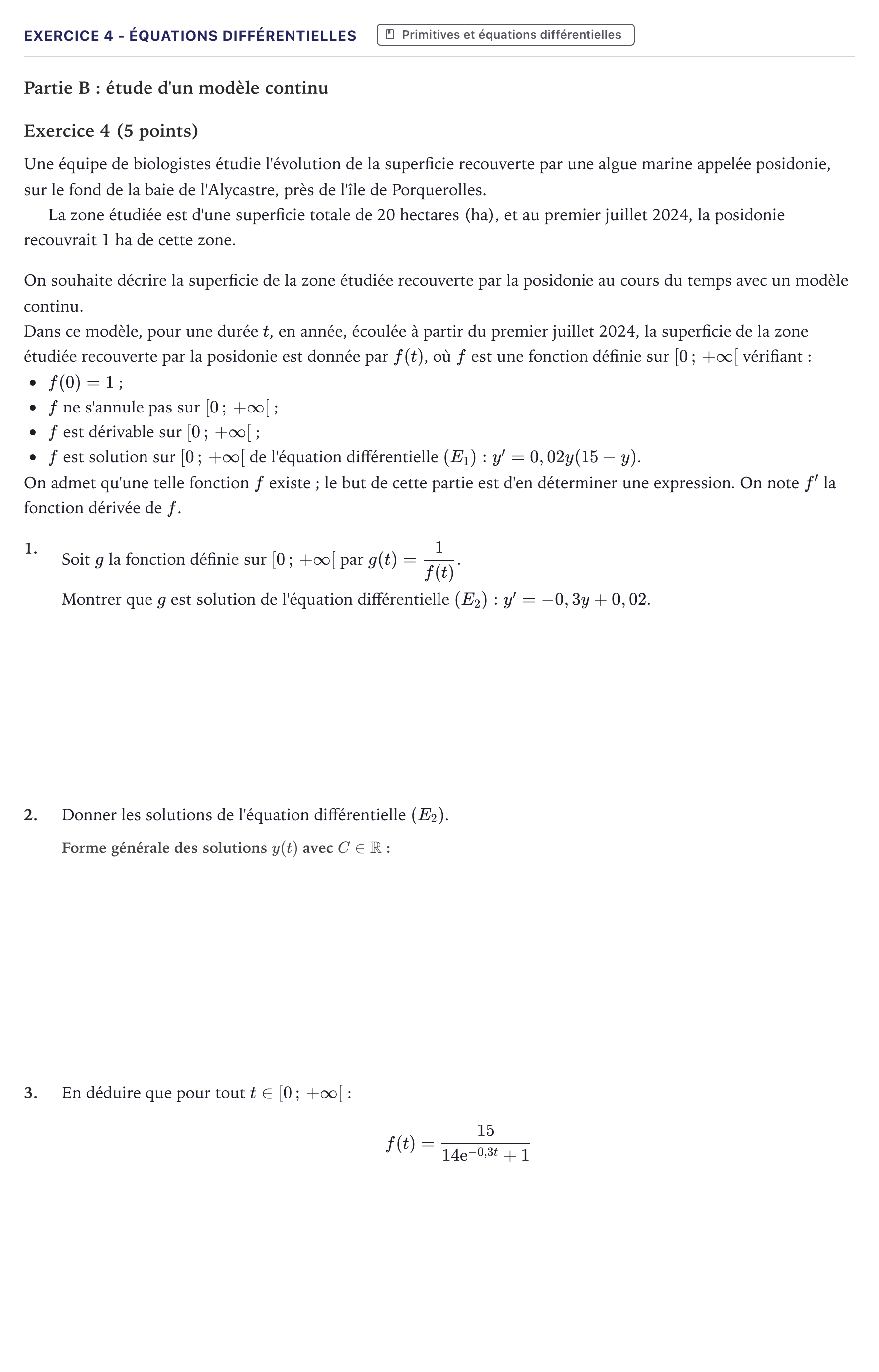 Énoncé: Exercice 4 - Équations différentielles · Bac Mathématiques Métropole 2025 (sujet 1)