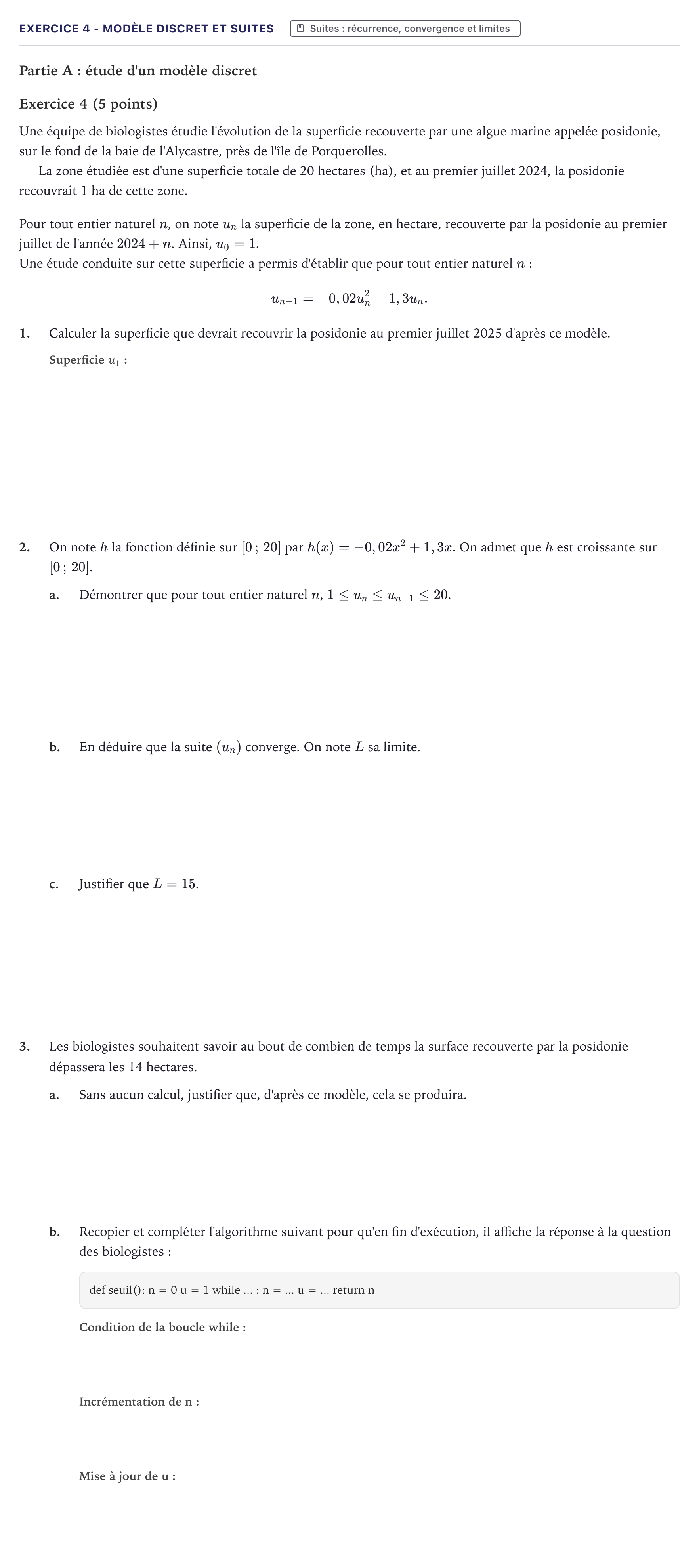 Énoncé: Exercice 4 - Modèle discret et suites · Bac Mathématiques Métropole 2025 (sujet 1)