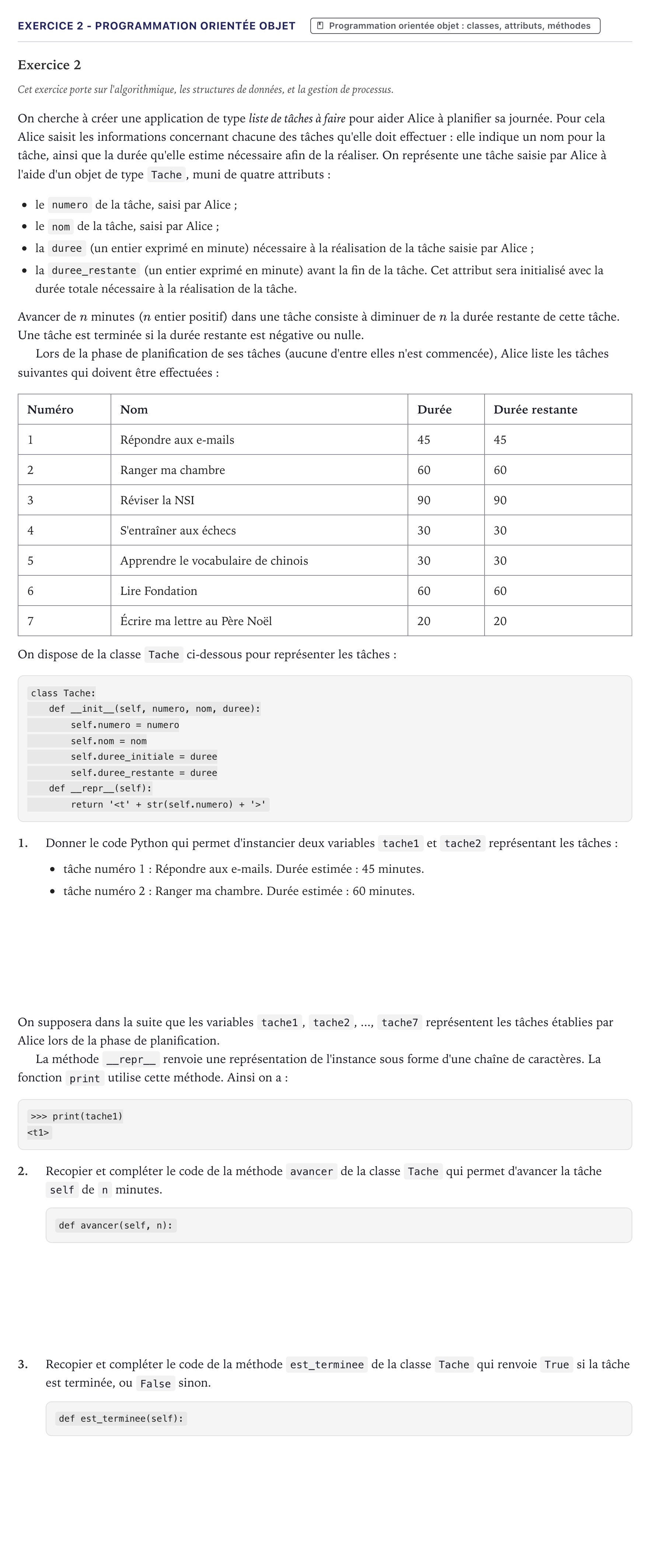 Énoncé: Exercice 2 - Programmation orientée objet · Bac Numérique et Sciences Informatiques Métropole 2025 (sujet 1)