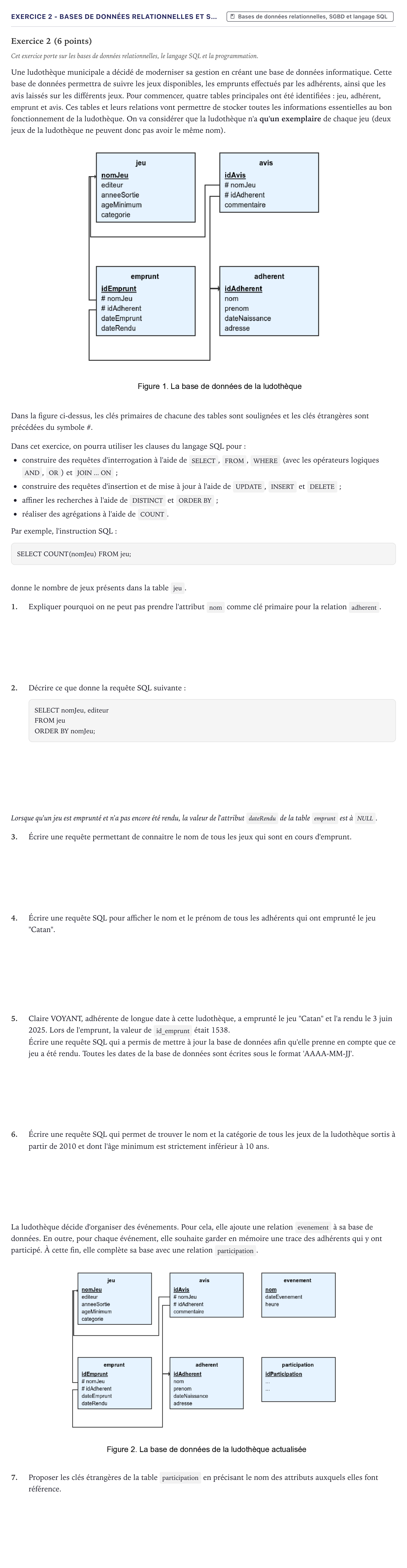 Énoncé: Exercice 2 - Bases de données relationnelles et S… · Bac Numérique et Sciences Informatiques Métropole 2025 (sujet 2)