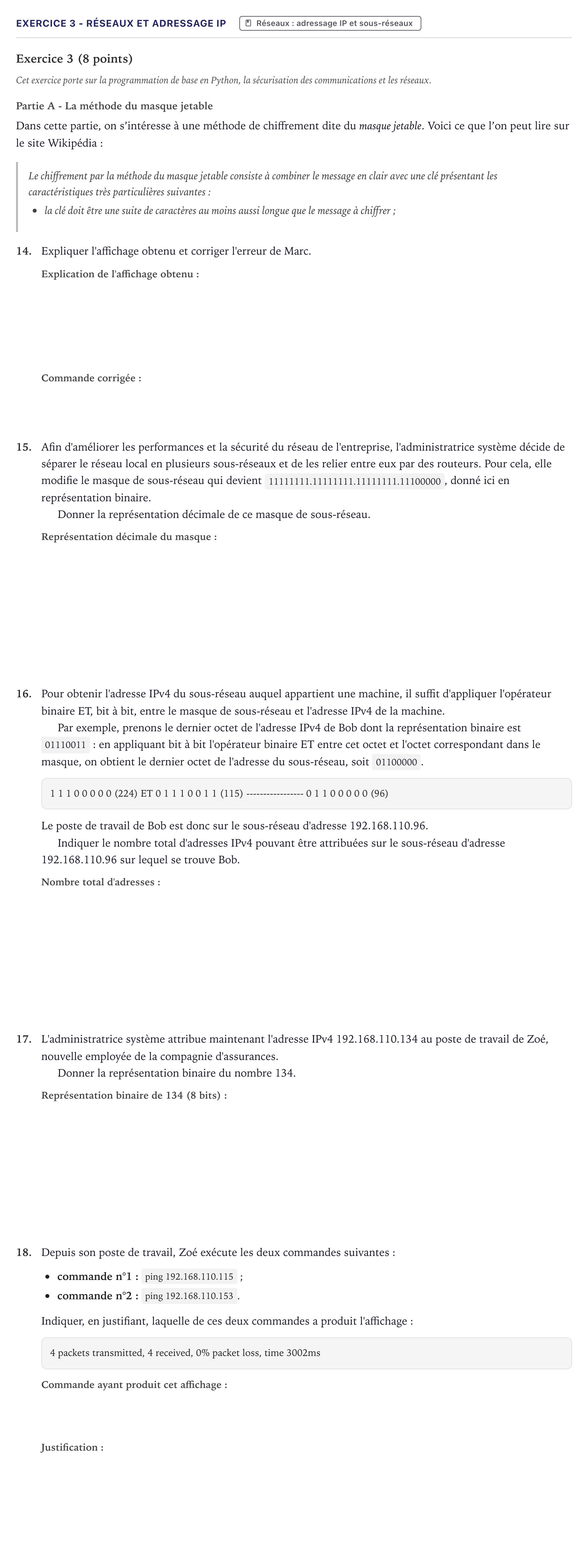 Énoncé: Exercice 3 - Réseaux et adressage IP · Bac Numérique et Sciences Informatiques Métropole 2025 (sujet 2)