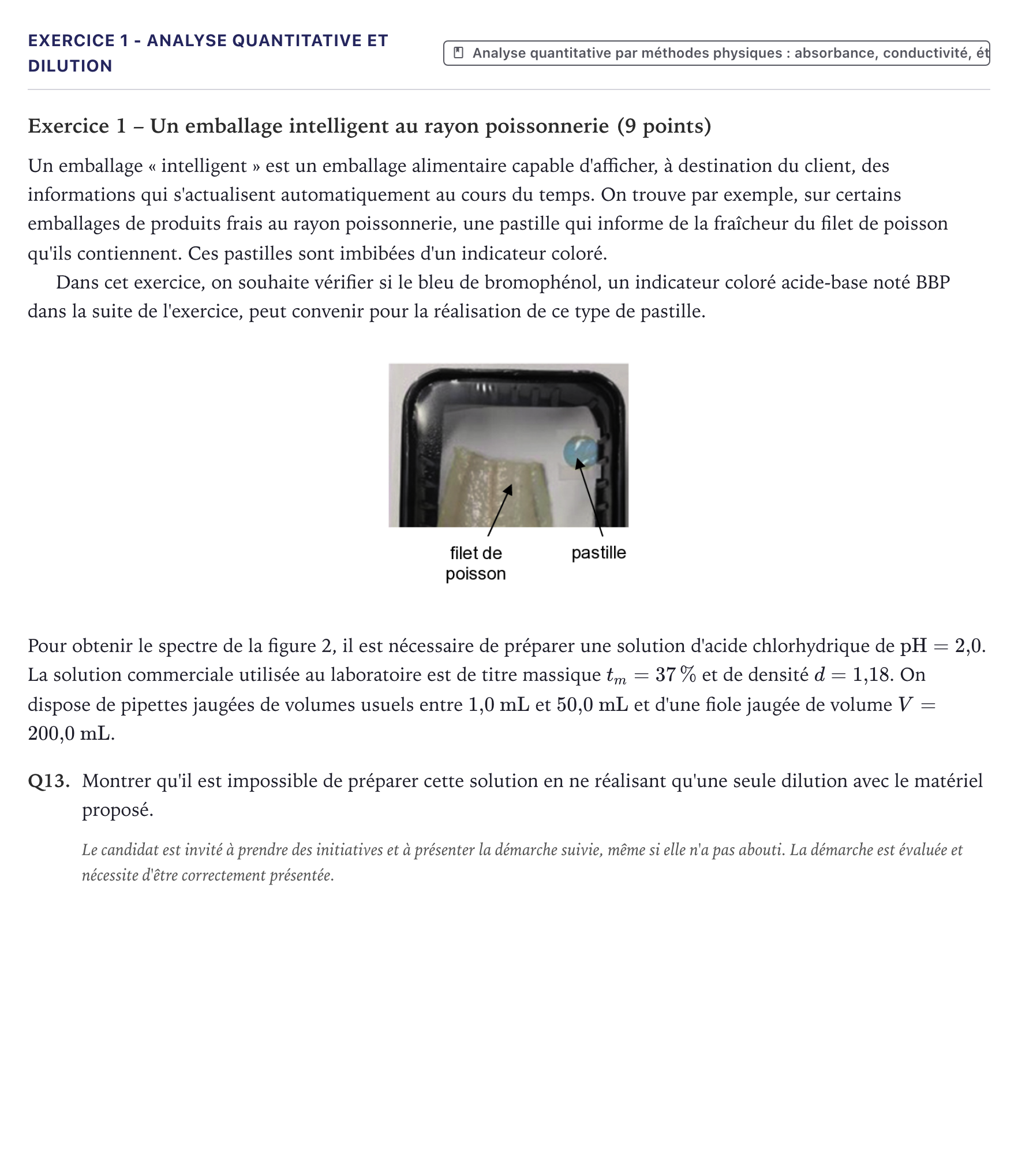 Énoncé: Exercice 1 - Analyse quantitative et dilution · Bac Physique-Chimie Métropole 2025 (sujet 1)