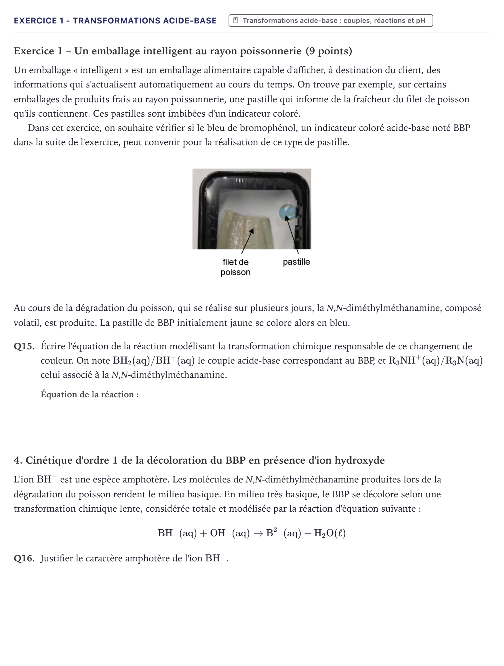Énoncé: Exercice 1 - Transformations acide-base · Bac Physique-Chimie Métropole 2025 (sujet 1)