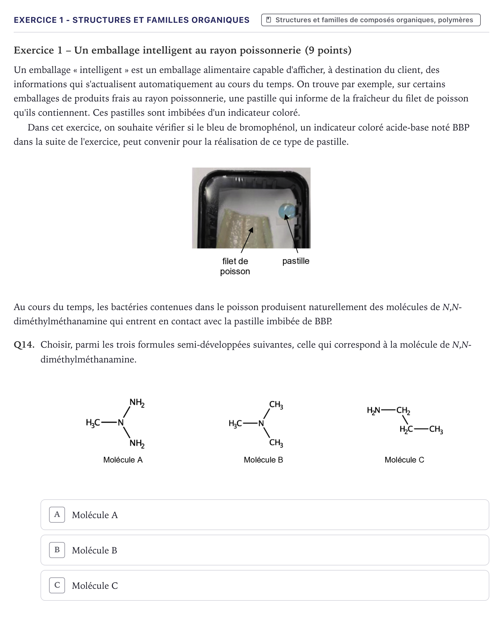 Énoncé: Exercice 1 - Structures et familles organiques · Bac Physique-Chimie Métropole 2025 (sujet 1)