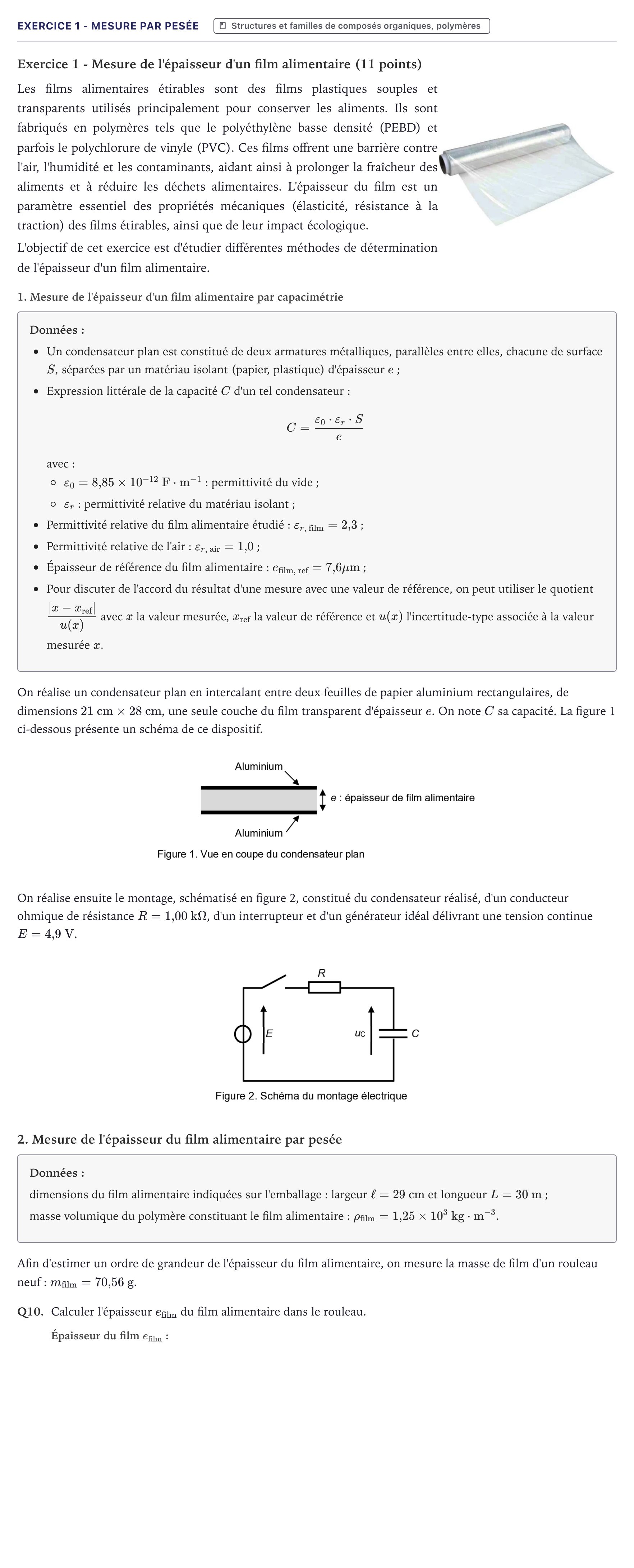 Énoncé: Exercice 1 - Mesure par pesée · Bac Physique-Chimie Métropole 2025 (sujet 2)
