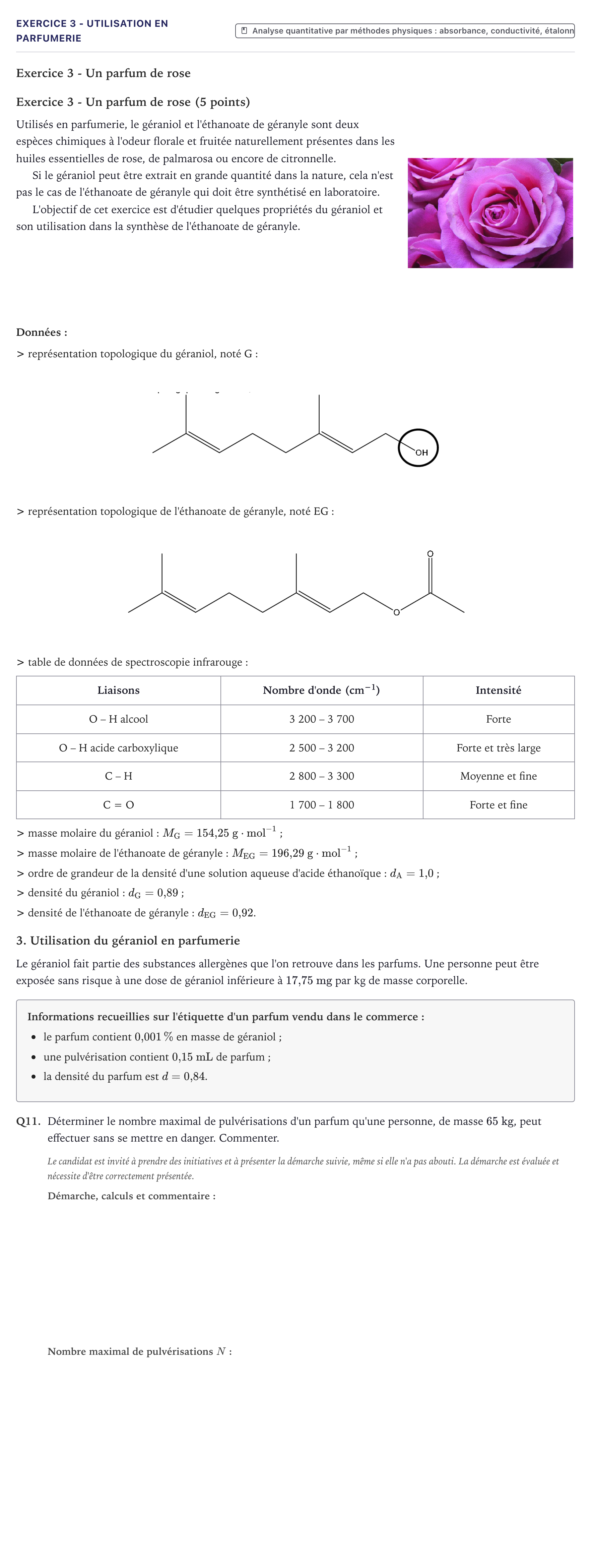 Énoncé: Exercice 3 - Utilisation en parfumerie · Bac Physique-Chimie Métropole 2025 (sujet 2)