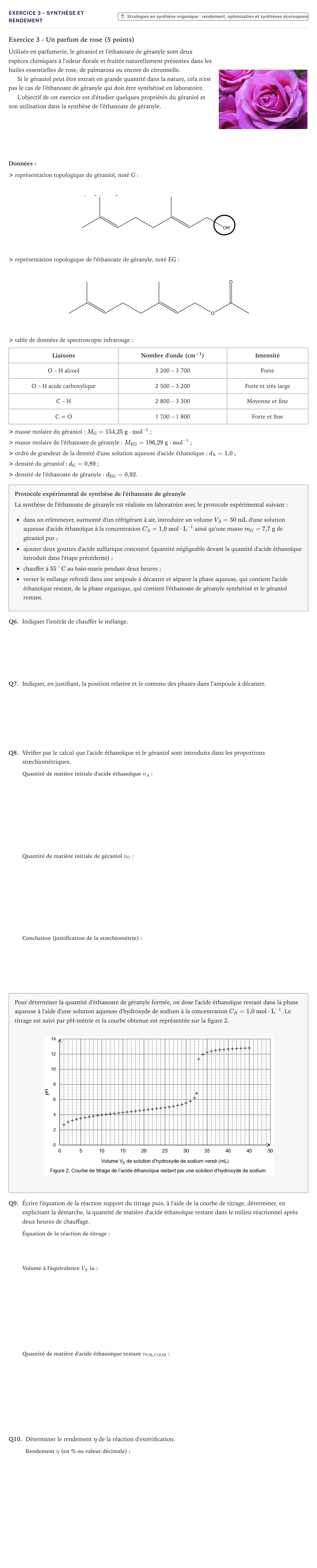 Énoncé: Exercice 3 - Synthèse et rendement · Bac Physique-Chimie Métropole 2025 (sujet 2)