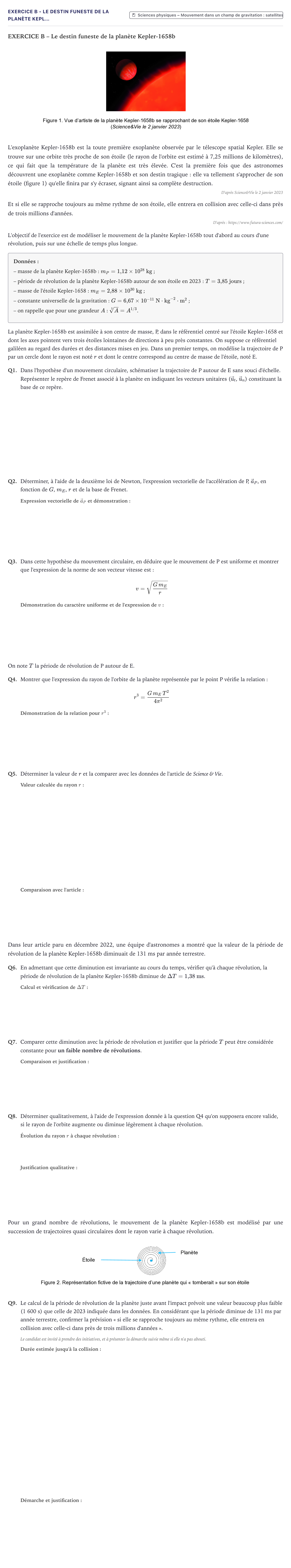 Énoncé: Exercice B - Le destin funeste de la planète Kepl… · Bac Sciences de l'Ingénieur Métropole 2025 (sujet 1)