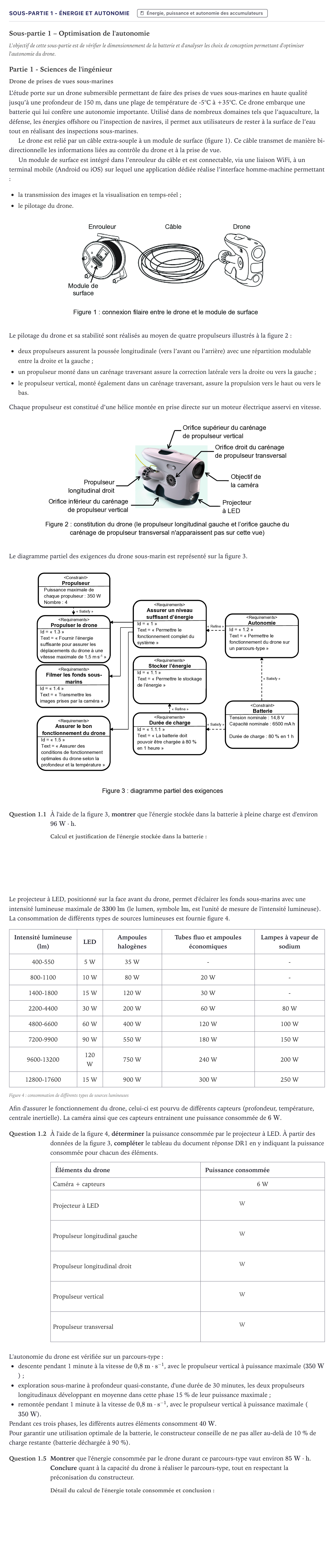 Énoncé: Exercice Sous-partie 1 - Énergie et autonomie · Bac Sciences de l'Ingénieur Métropole 2025 (sujet 1)