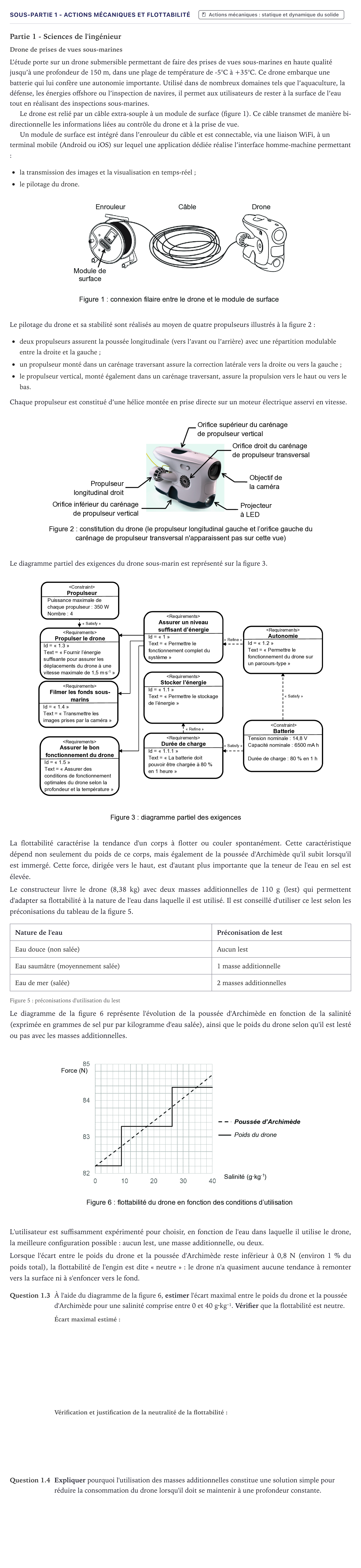 Énoncé: Exercice Sous-partie 1 - Actions mécaniques et flottabilité · Bac Sciences de l'Ingénieur Métropole 2025 (sujet 1)