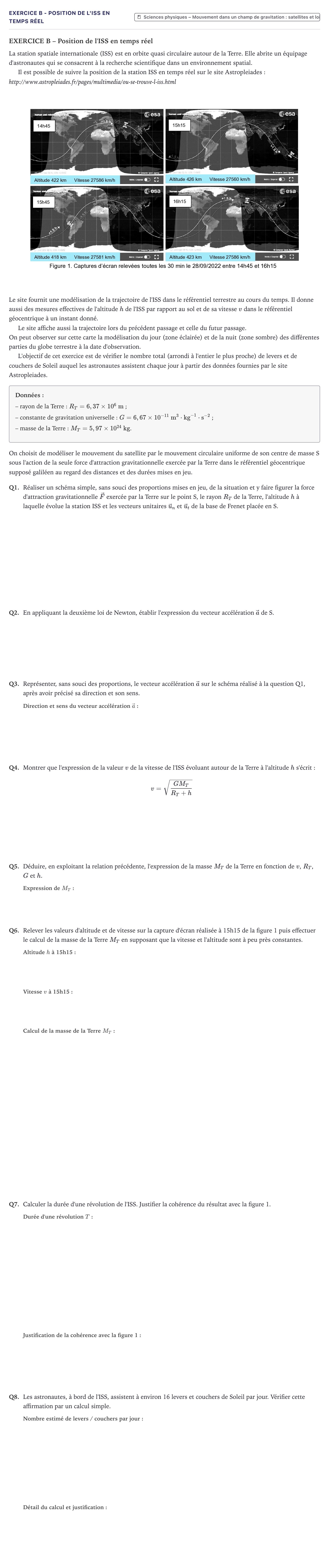 Énoncé: Exercice B - Position de l'ISS en temps réel · Bac Sciences de l'Ingénieur Métropole 2025 (sujet 2)