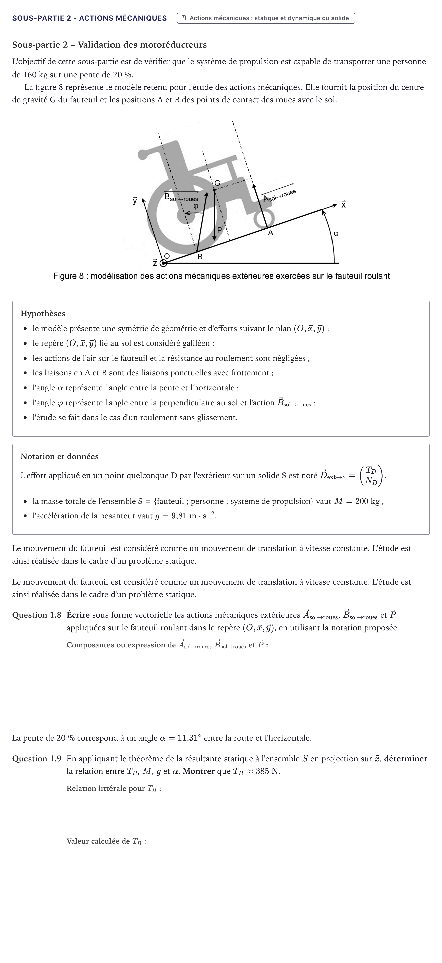 Énoncé: Exercice Sous-partie 2 - Actions mécaniques · Bac Sciences de l'Ingénieur Métropole 2025 (sujet 2)