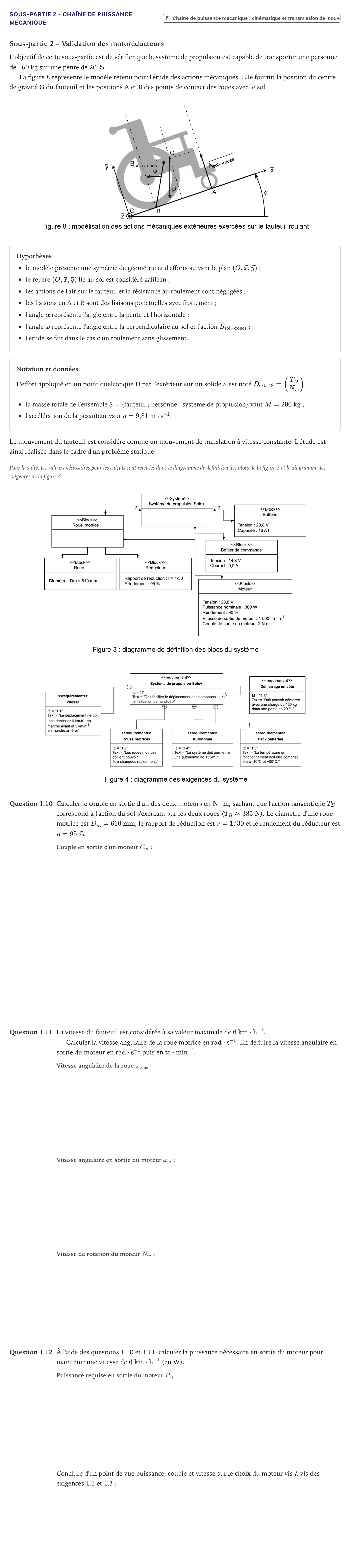 Énoncé: Exercice Sous-partie 2 - Chaîne de puissance mécanique · Bac Sciences de l'Ingénieur Métropole 2025 (sujet 2)