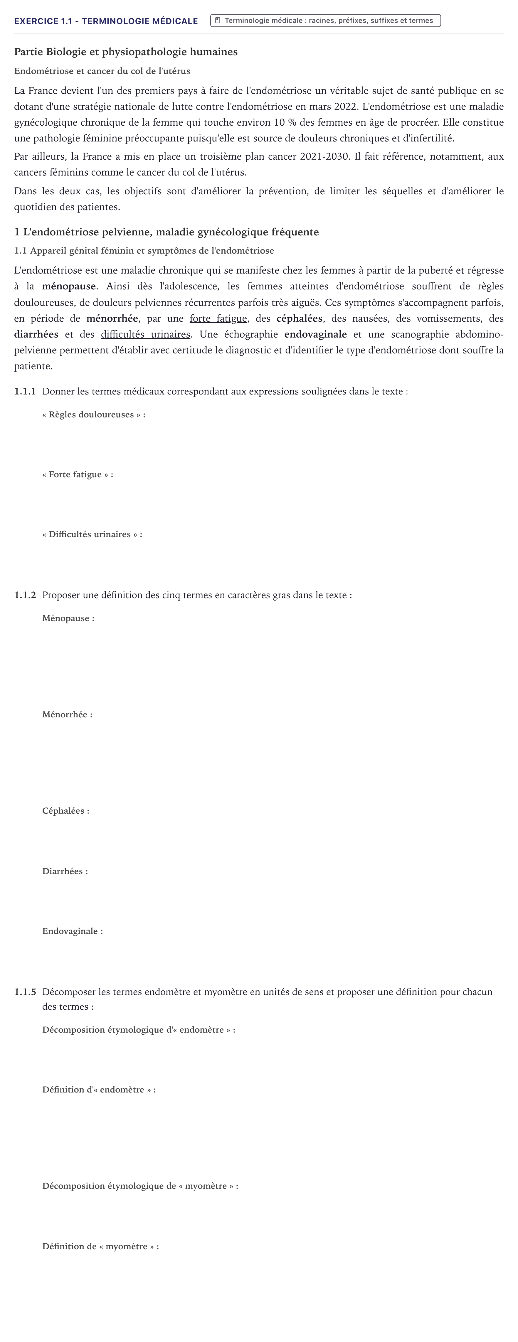 Énoncé: Exercice 1.1 - Terminologie médicale · Bac ST2S Chimie, Biologie et Physiopathologie Humaines Métropole 2025