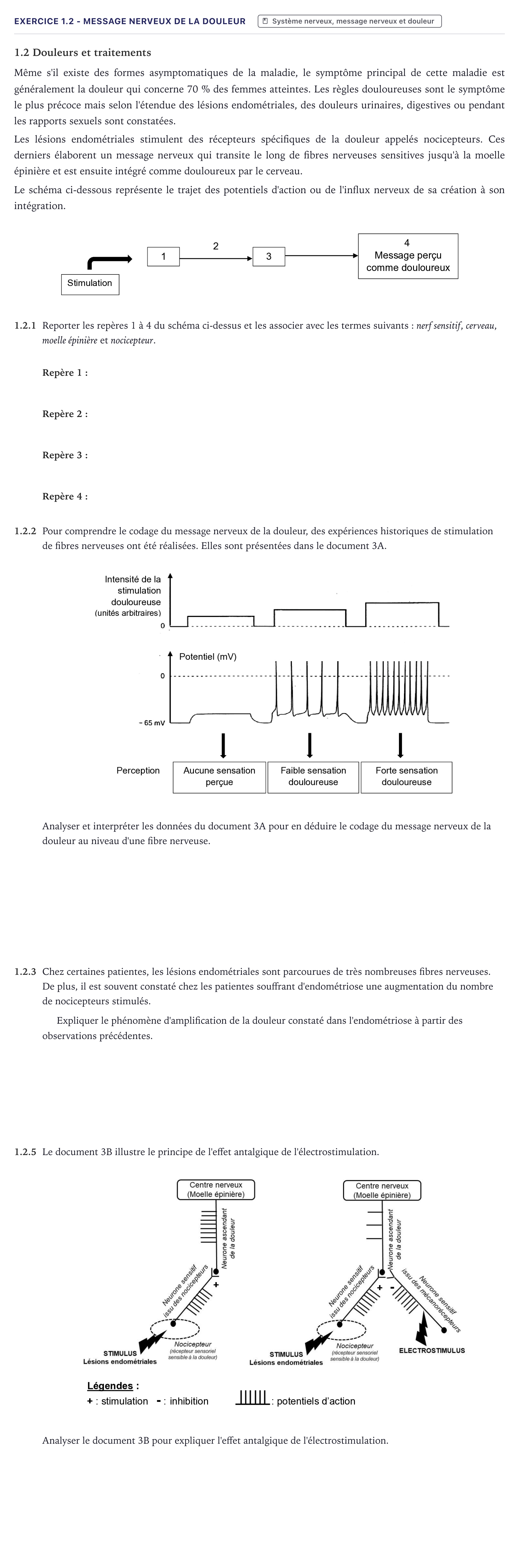 Énoncé: Exercice 1.2 - Message nerveux de la douleur · Bac ST2S Chimie, Biologie et Physiopathologie Humaines Métropole 2025