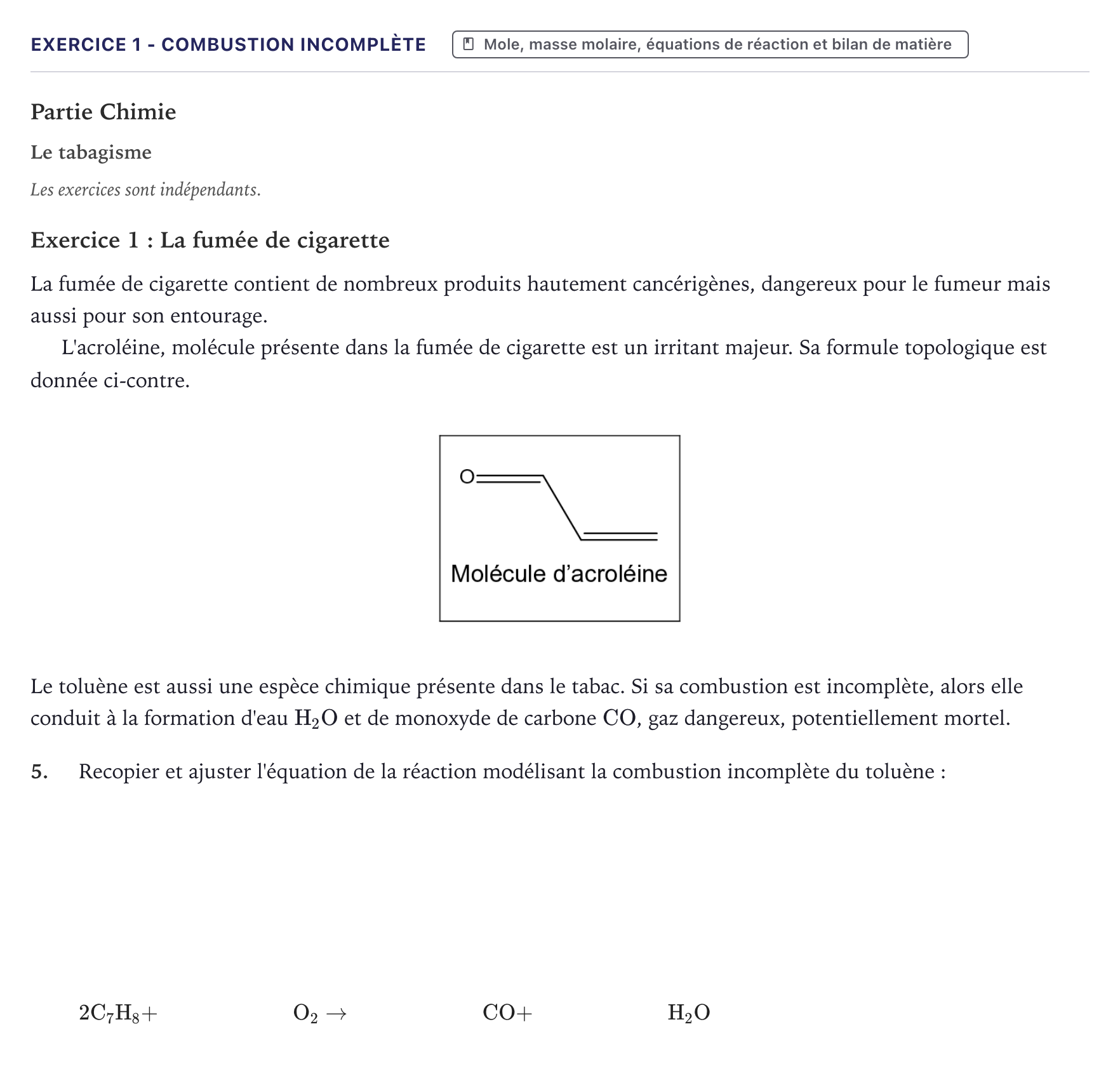 Énoncé: Exercice 1 - Combustion incomplète · Bac ST2S Chimie, Biologie et Physiopathologie Humaines Métropole 2025