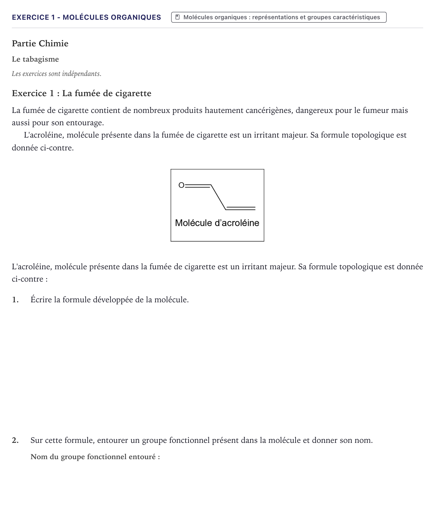Énoncé: Exercice 1 - Molécules organiques · Bac ST2S Chimie, Biologie et Physiopathologie Humaines Métropole 2025