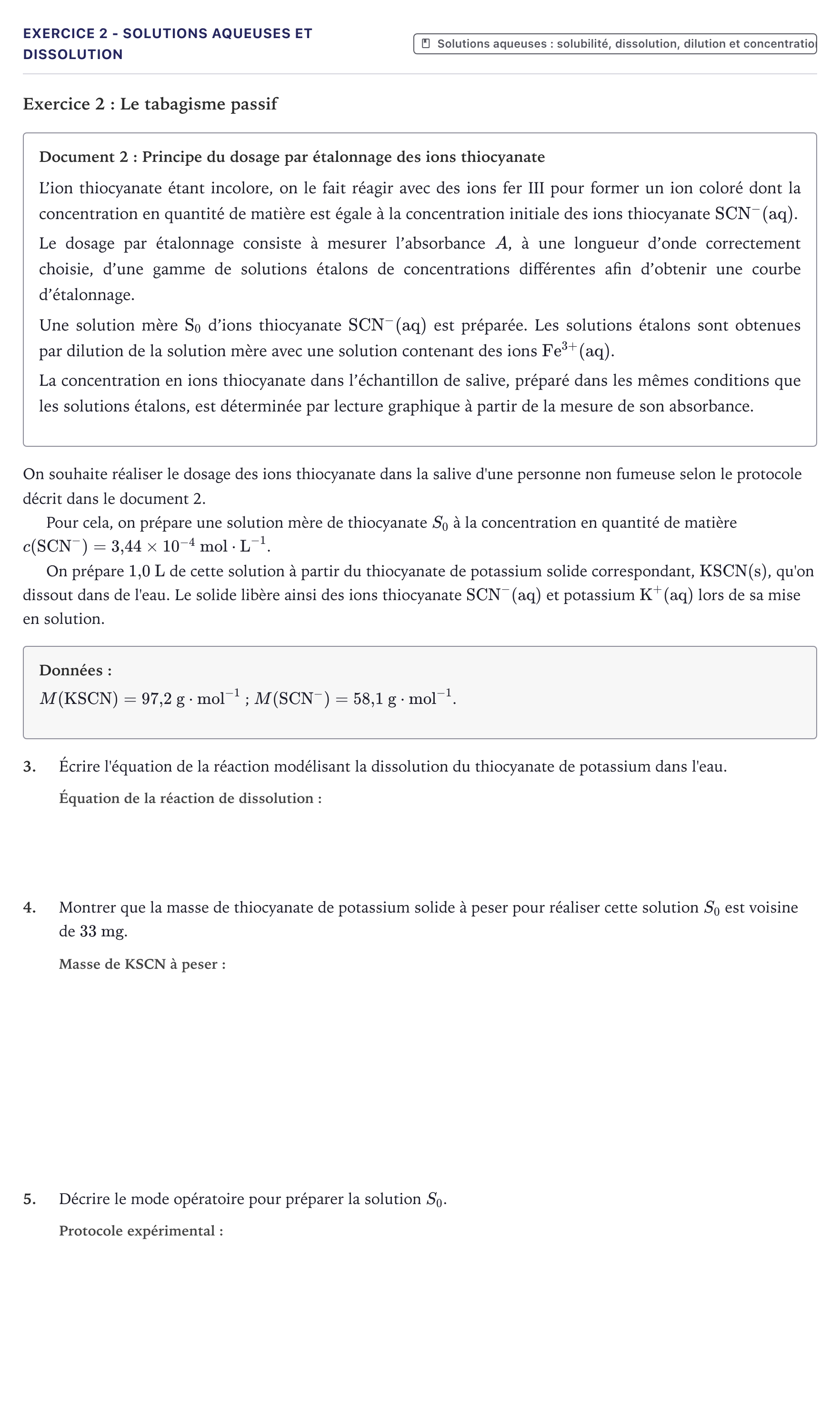 Énoncé: Exercice 2 - Solutions aqueuses et dissolution · Bac ST2S Chimie, Biologie et Physiopathologie Humaines Métropole 2025