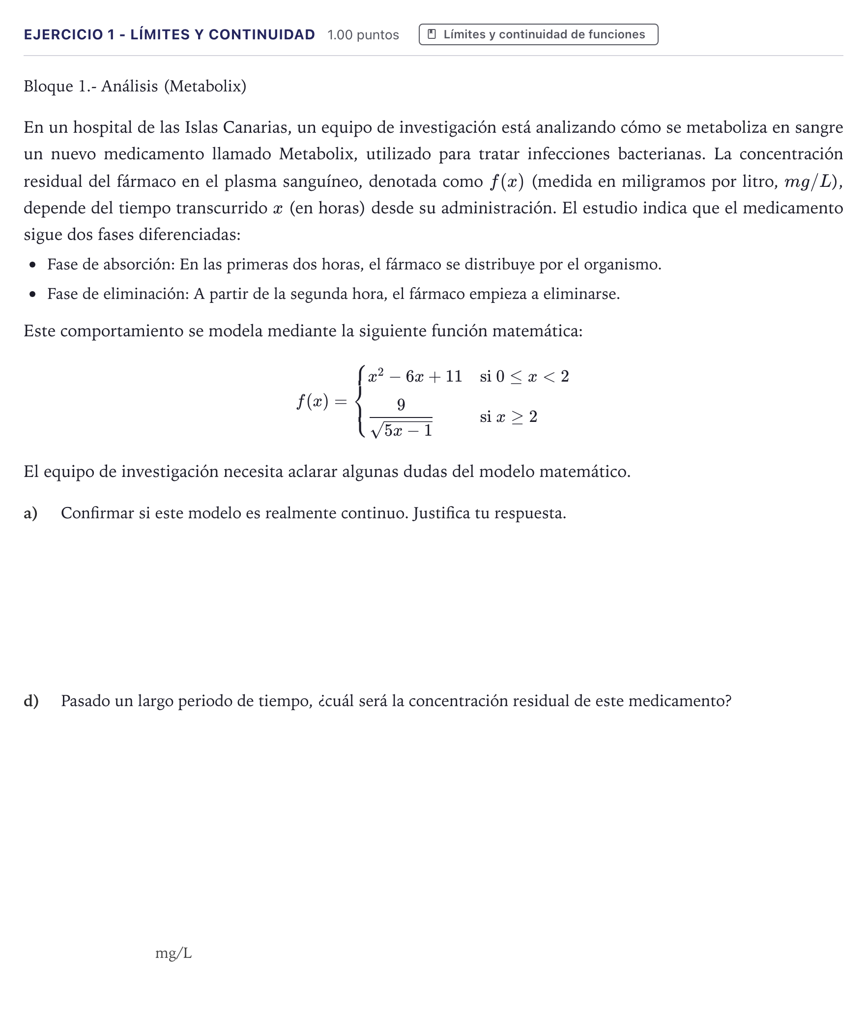 Enunciado: Ejercicio 1 - Límites y continuidad · Matemáticas II PAU Canarias Junio 2025