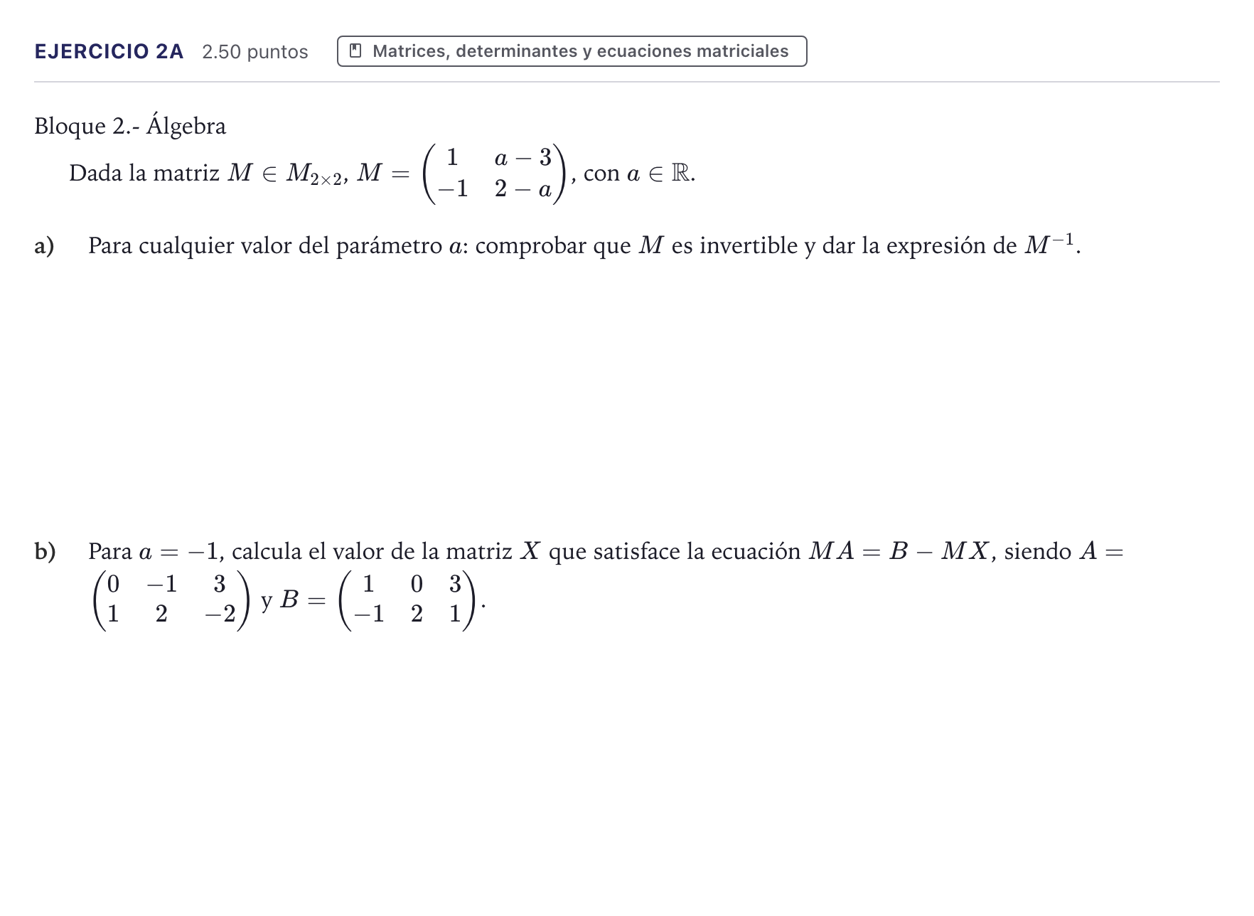 Enunciado: Ejercicio 2A · Matemáticas II PAU Canarias Junio 2025