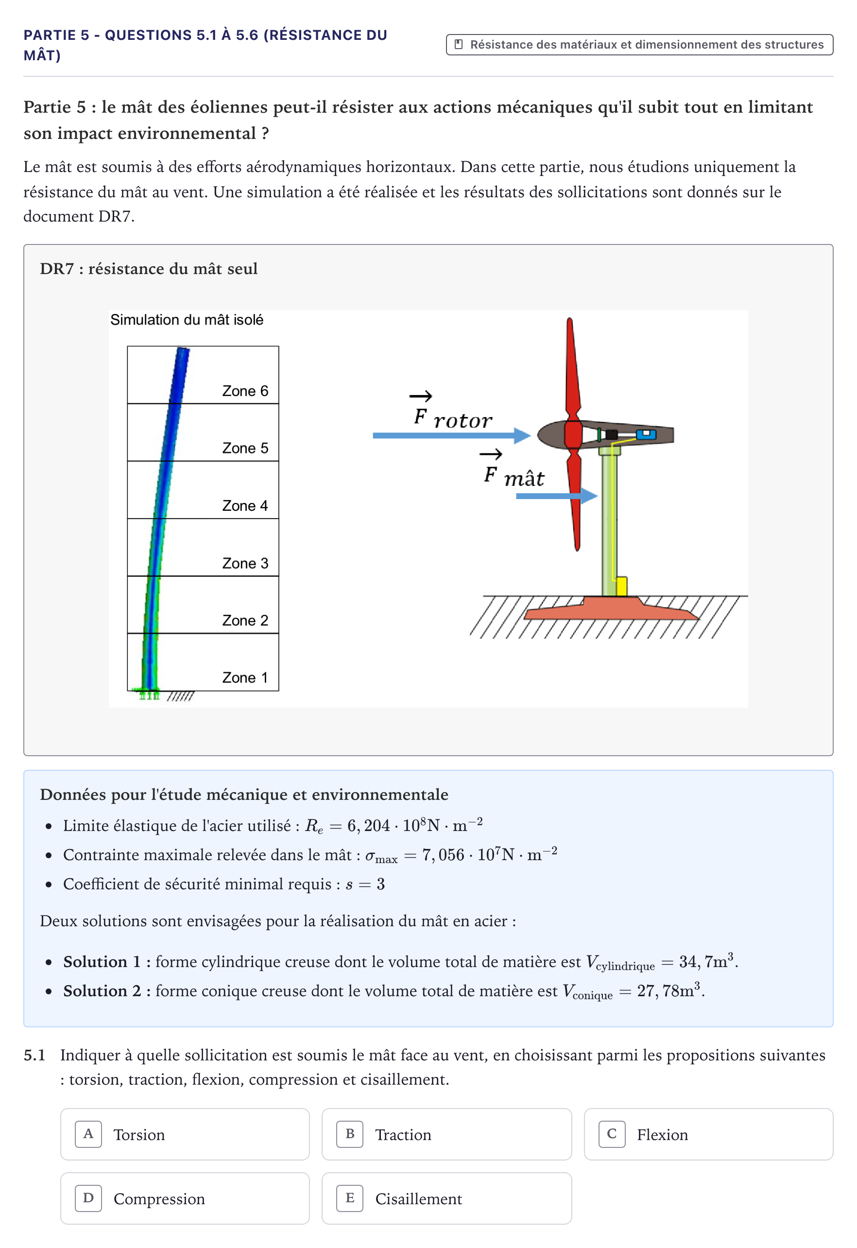 Énoncé: Partie 5 - Questions 5.1 à 5.6 (résistance du mât) · Bac STI2D Ingénierie, Innovation et Développement Durable Métropole - AC 2025
