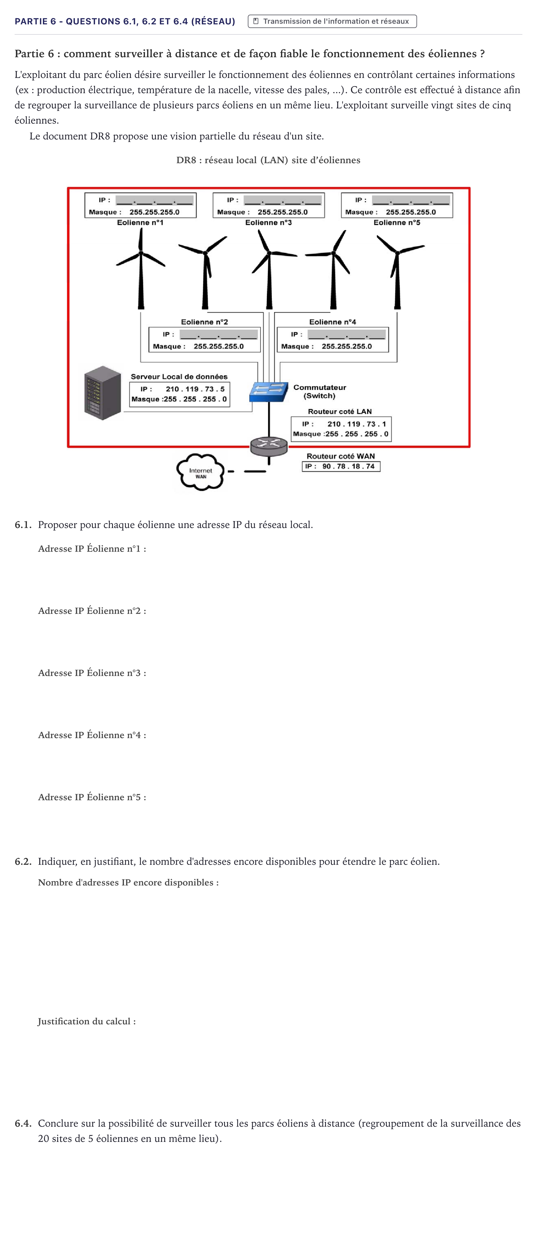 Énoncé: Partie 6 - Questions 6.1, 6.2 et 6.4 (réseau) · Bac STI2D Ingénierie, Innovation et Développement Durable Métropole - AC 2025