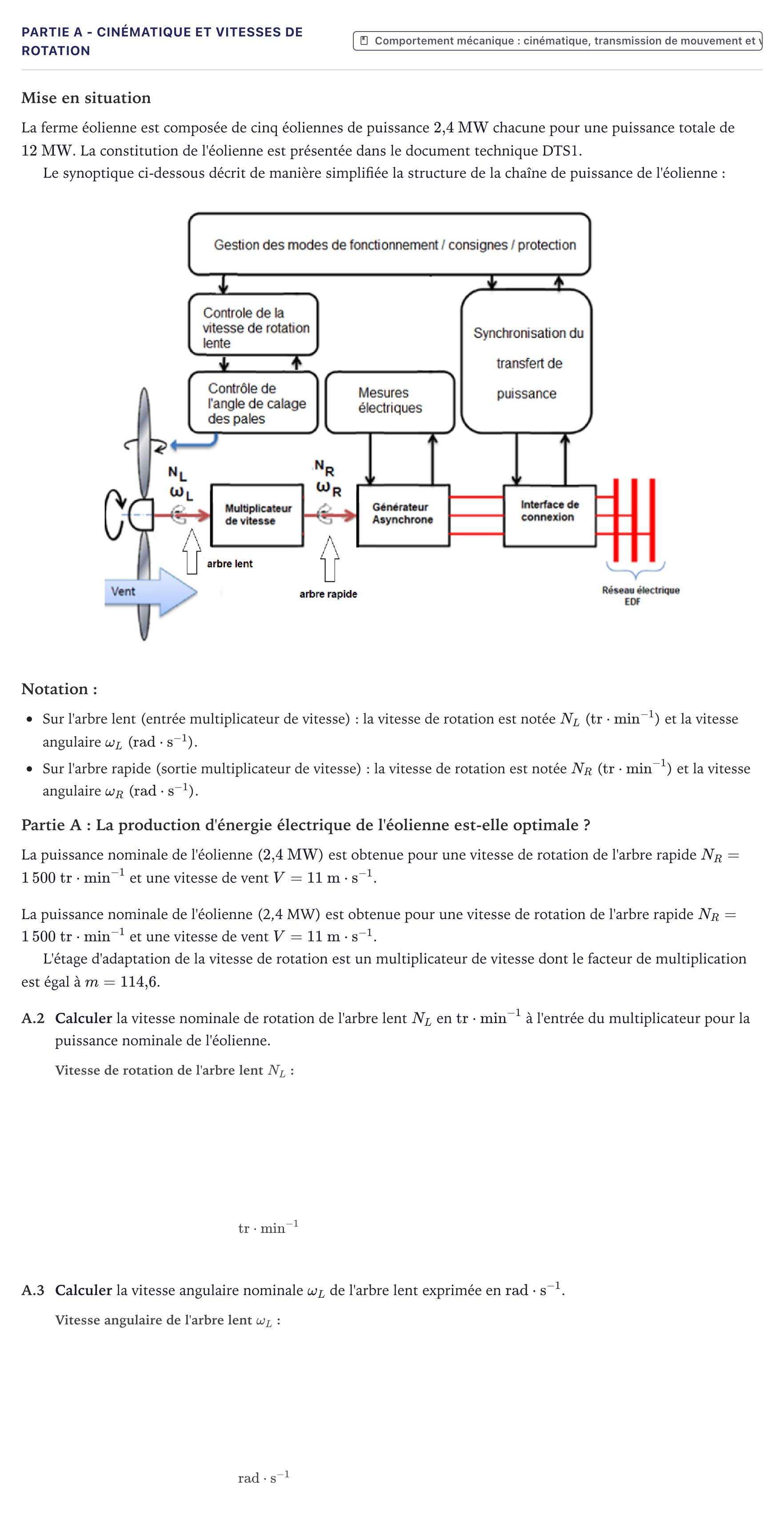 Énoncé: Partie A - Cinématique et vitesses de rotation · Bac STI2D Ingénierie, Innovation et Développement Durable Métropole - EE 2025
