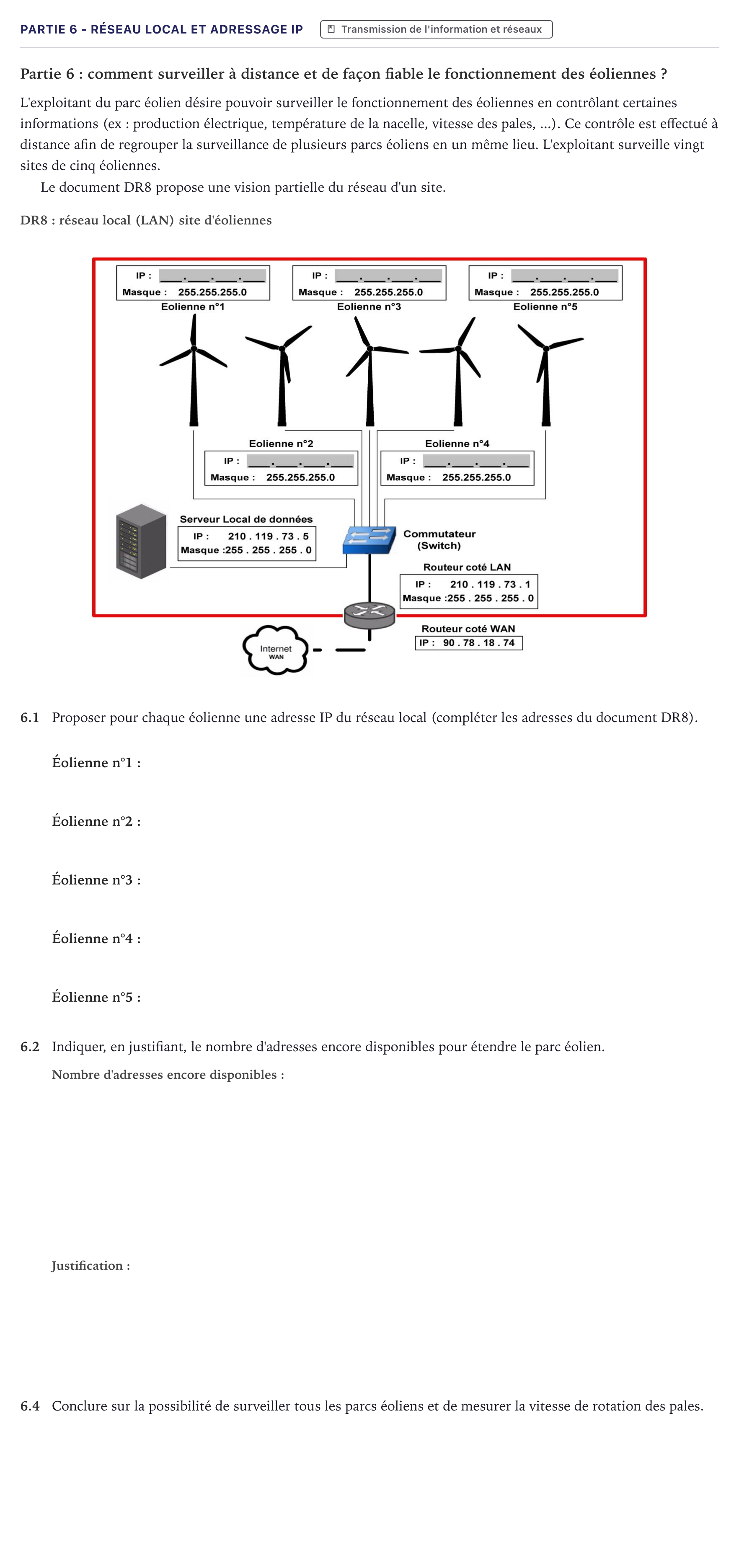 Énoncé: Partie 6 - Réseau local et adressage IP · Bac STI2D Ingénierie, Innovation et Développement Durable Métropole - ITEC 2025