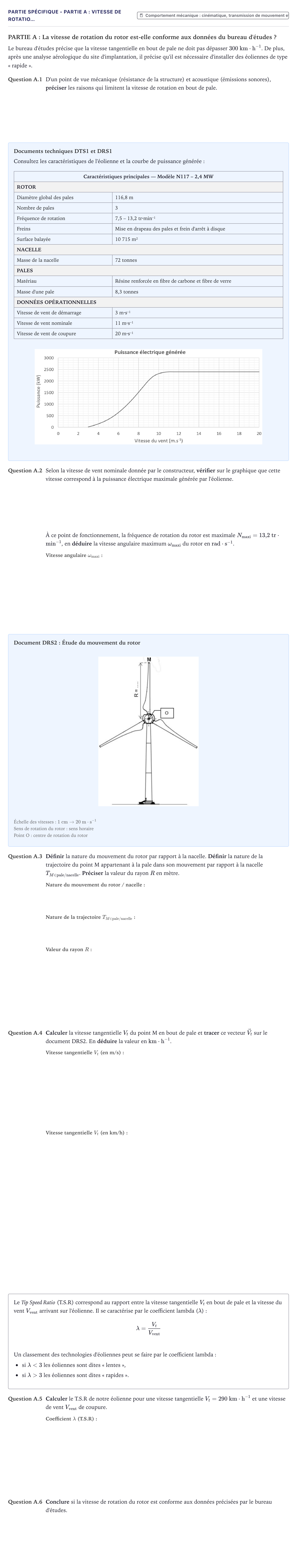 Énoncé: Partie Spécifique - Partie A : Vitesse de rotatio… · Bac STI2D Ingénierie, Innovation et Développement Durable Métropole - ITEC 2025