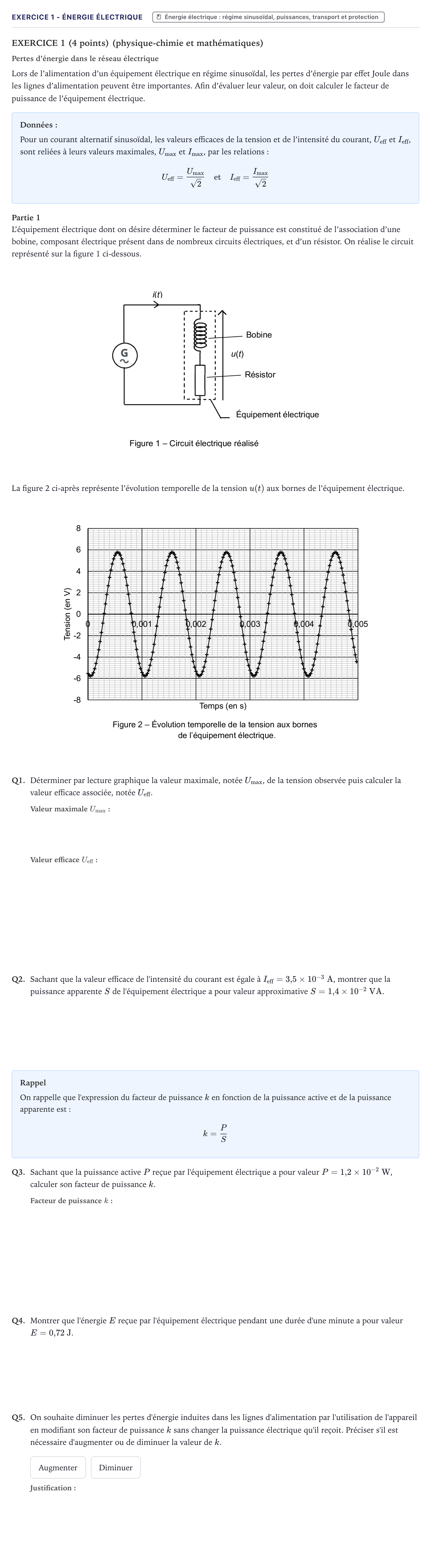 Énoncé: Exercice 1 - Énergie électrique · Bac STI2D Physique-Chimie et Mathématiques Métropole 2025