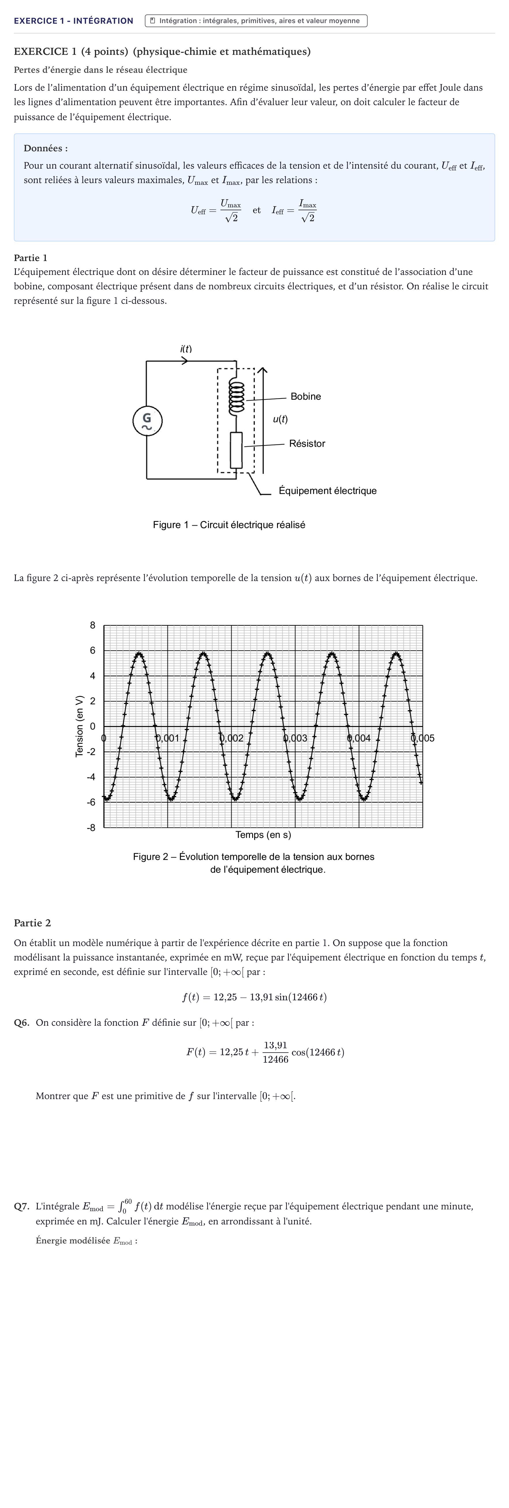 Énoncé: Exercice 1 - Intégration · Bac STI2D Physique-Chimie et Mathématiques Métropole 2025