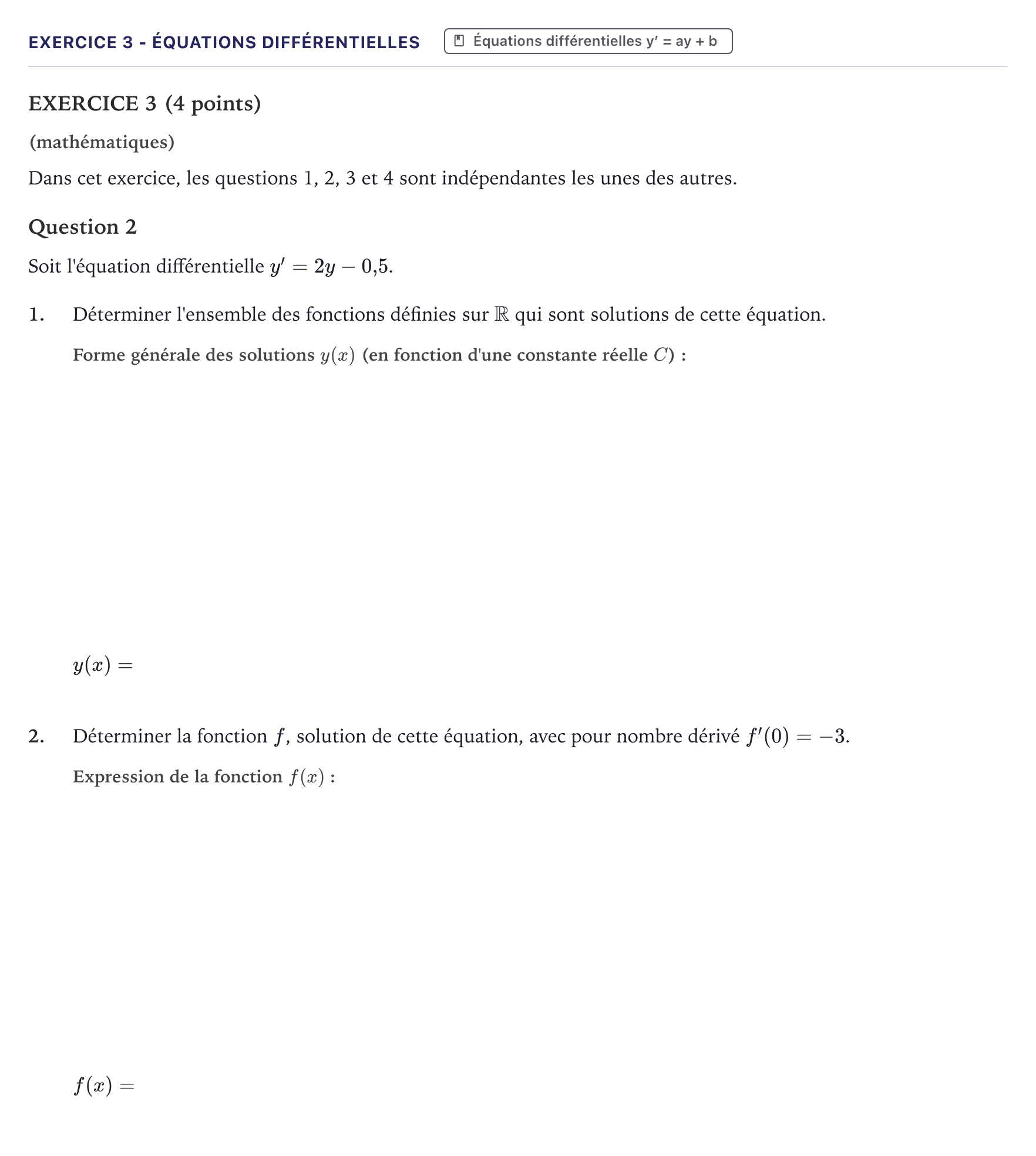 Énoncé: Exercice 3 - Équations différentielles · Bac STI2D Physique-Chimie et Mathématiques Métropole 2025
