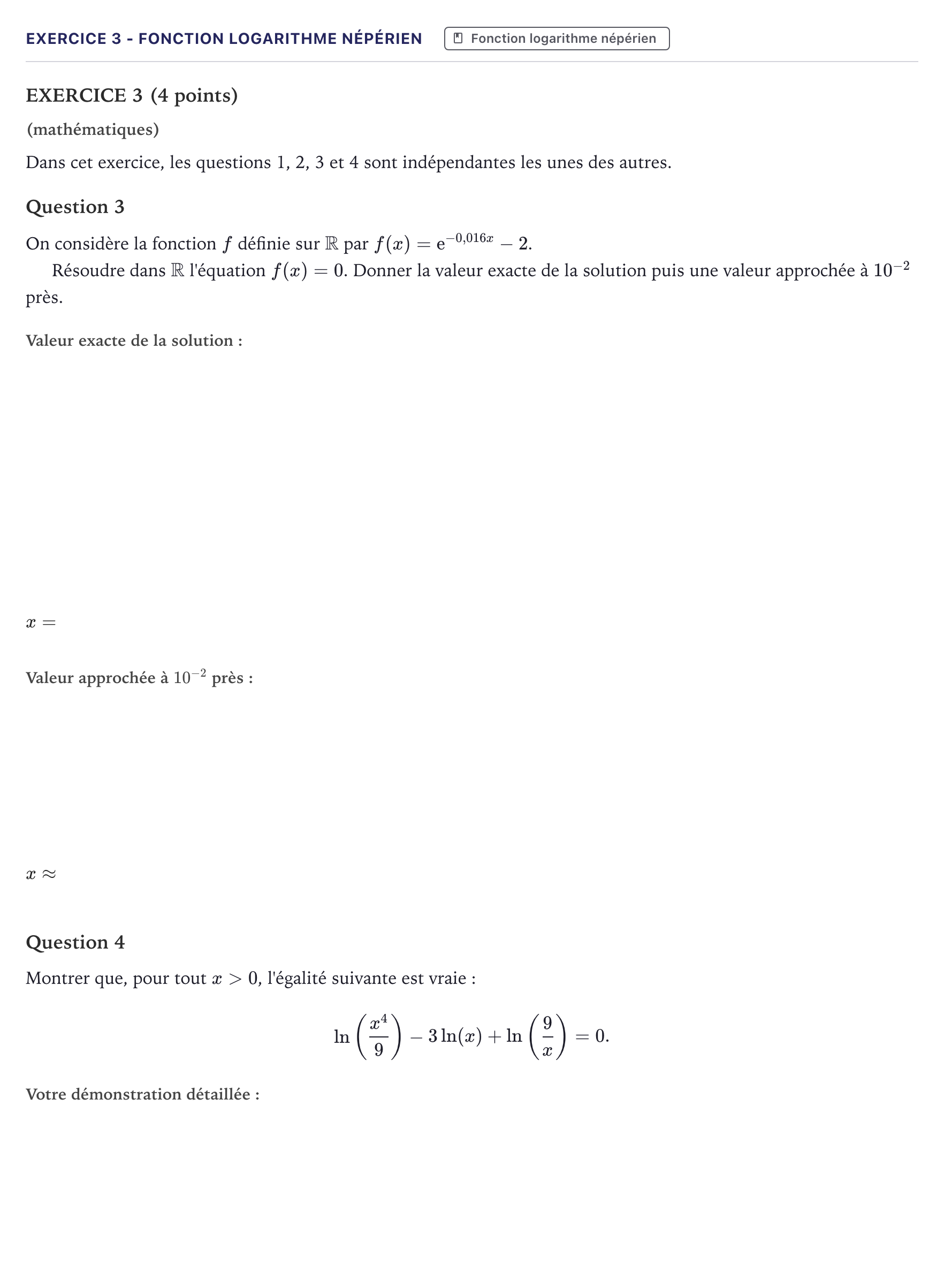 Énoncé: Exercice 3 - Fonction logarithme népérien · Bac STI2D Physique-Chimie et Mathématiques Métropole 2025