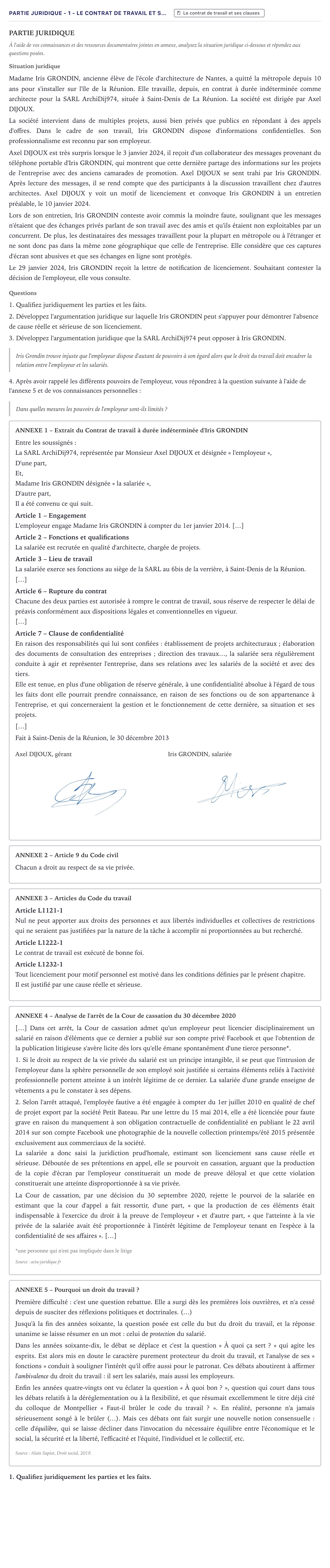 Énoncé: Partie juridique - 1 - Le contrat de travail et s… · Bac STMG Droit et Économie Métropole 2025