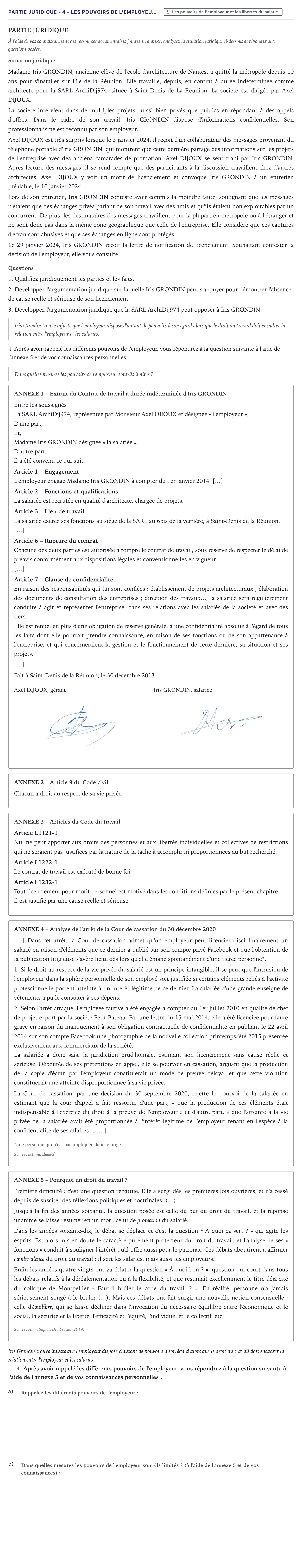 Énoncé: Partie juridique - 4 - Les pouvoirs de l'employeu… · Bac STMG Droit et Économie Métropole 2025