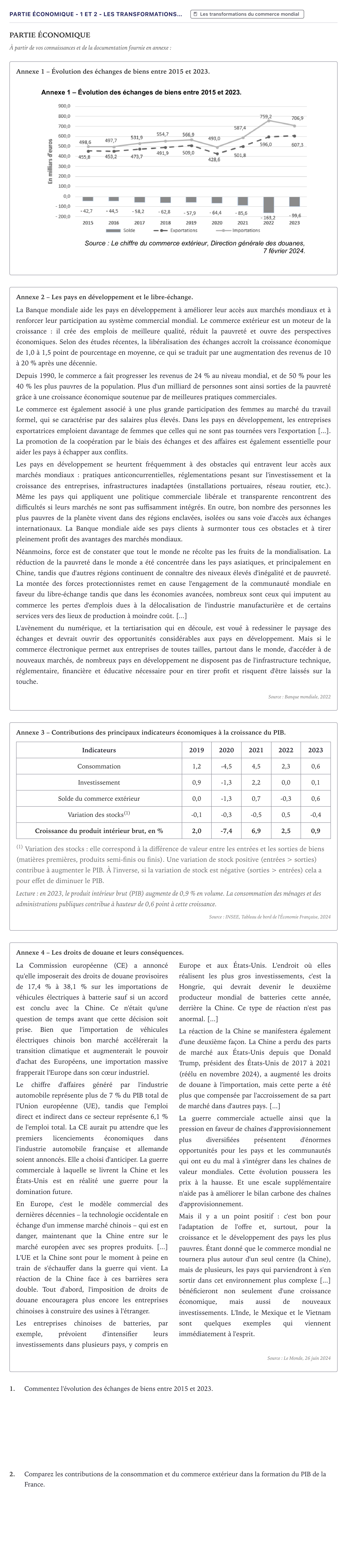 Énoncé: Partie économique - 1 et 2 - Les transformations… · Bac STMG Droit et Économie Métropole 2025