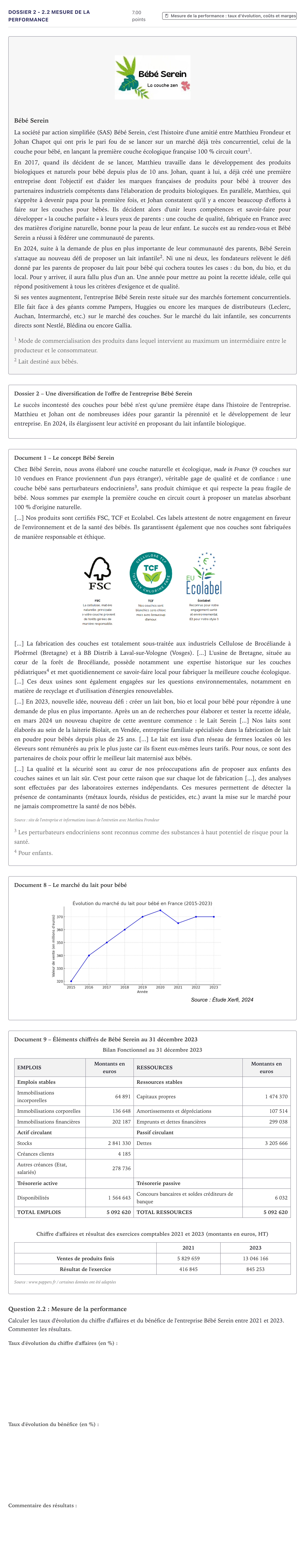 Énoncé: Exercice Dossier 2 - 2.2 Mesure de la performance · Bac STMG Management des Sciences de Gestion et du Numérique Métropole 2025