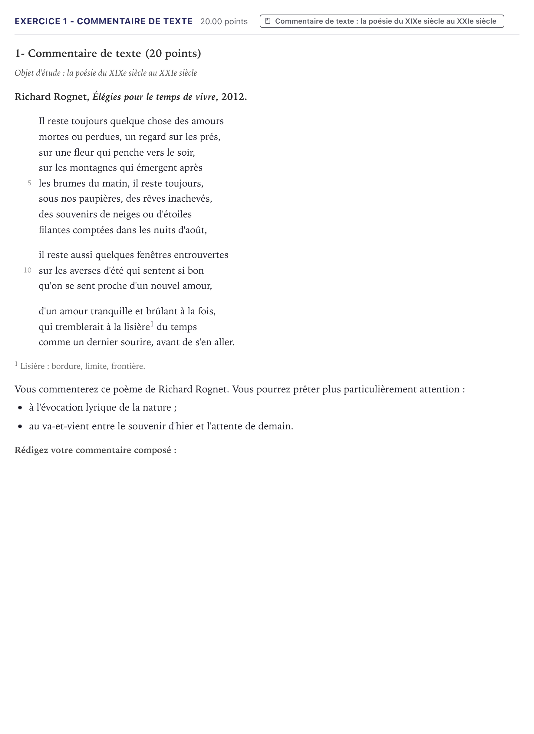 Énoncé: Exercice 1 - Commentaire de texte · Bac STMG Français Métropole 2025