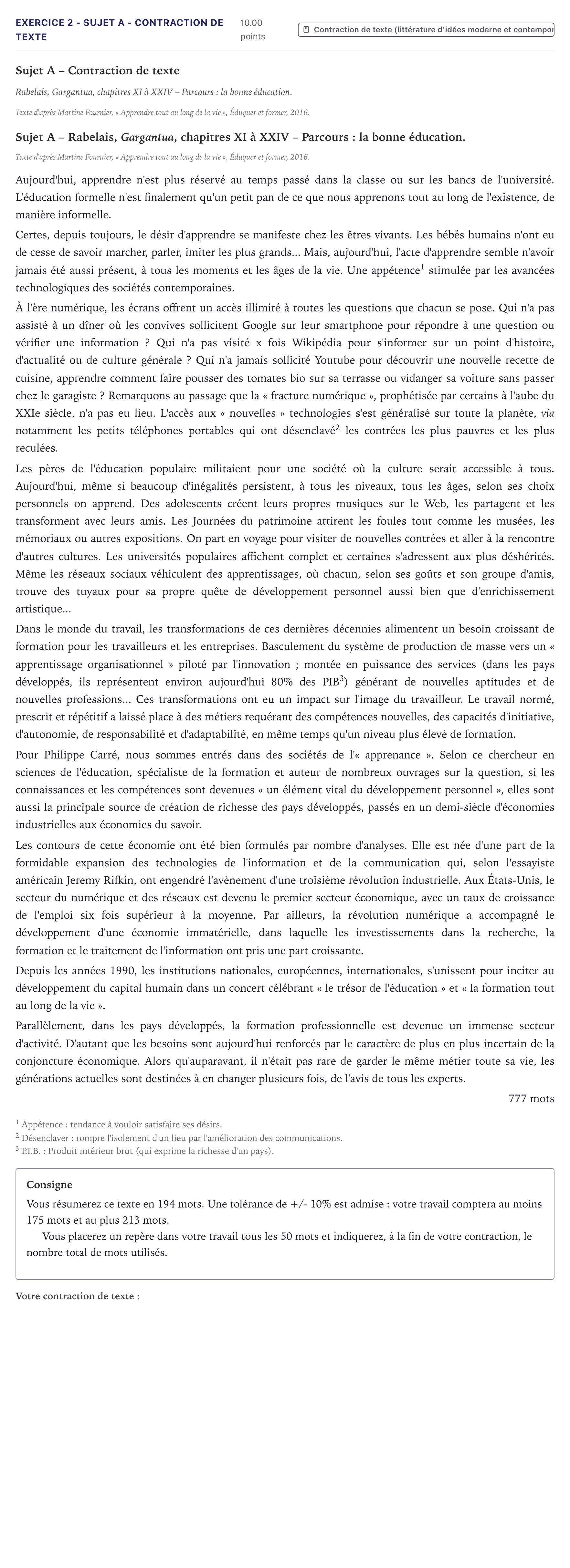 Énoncé: Exercice 2 - Sujet A - Contraction de texte · Bac STMG Français Métropole 2025
