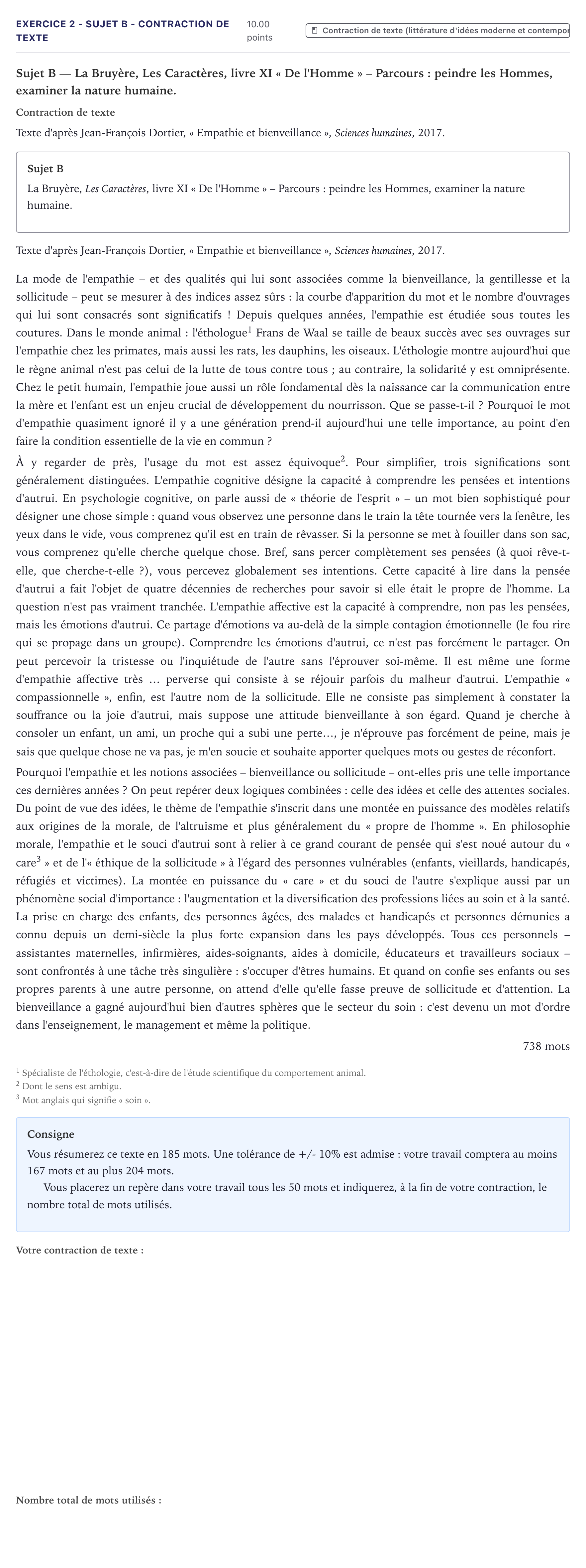 Énoncé: Exercice 2 - Sujet B - Contraction de texte · Bac STMG Français Métropole 2025