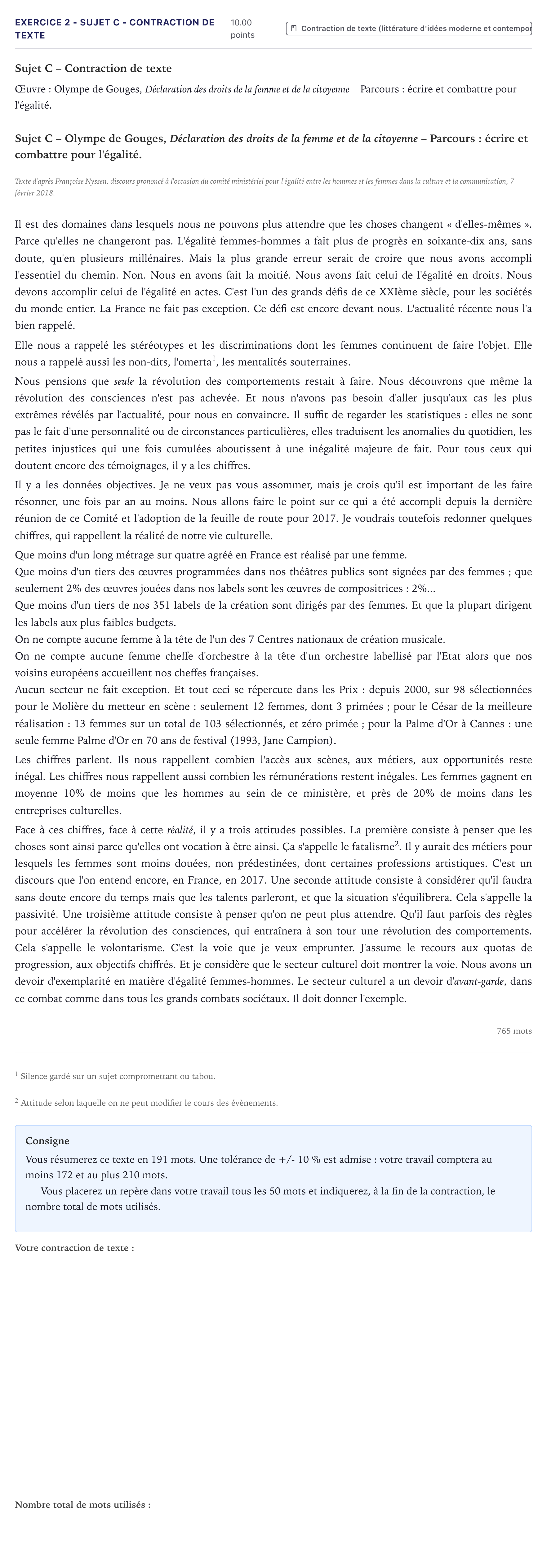 Énoncé: Exercice 2 - Sujet C - Contraction de texte · Bac STMG Français Métropole 2025