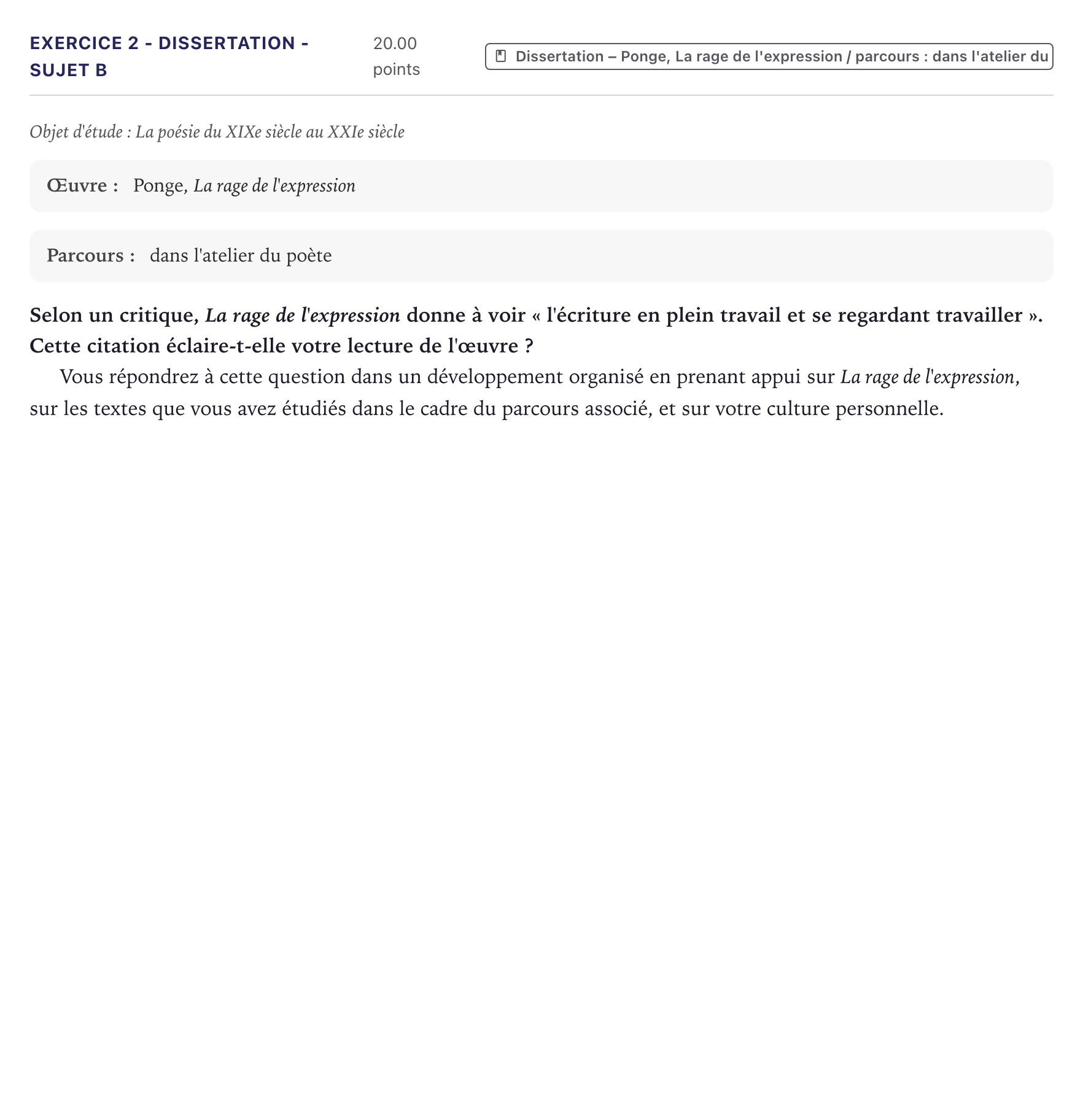 Énoncé: Exercice 2 - Dissertation - Sujet B · Bac Français (1ère) Métropole 2024