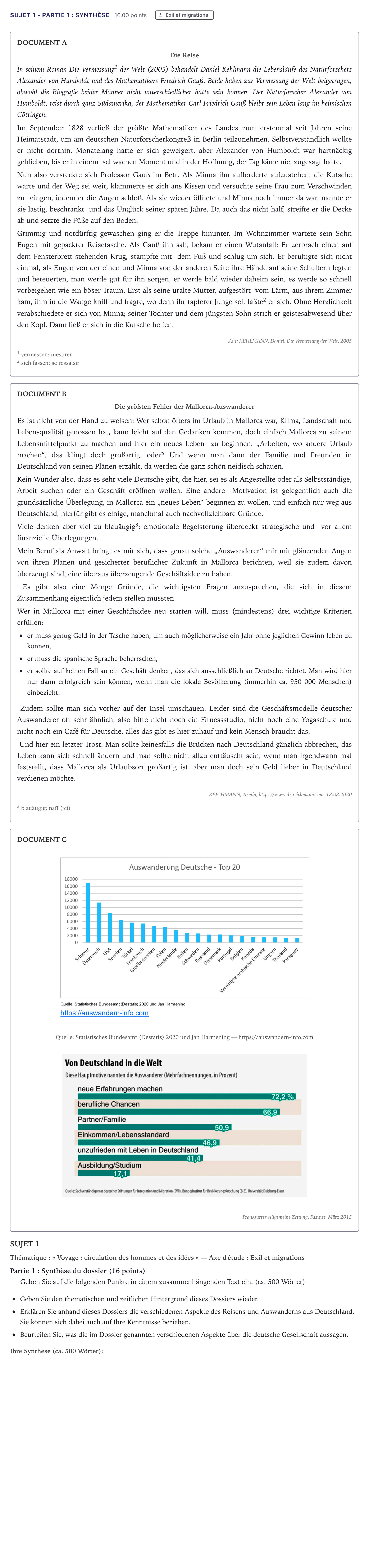 Énoncé: Sujet 1 - Partie 1 : Synthèse · Bac Allemand Métropole 2024