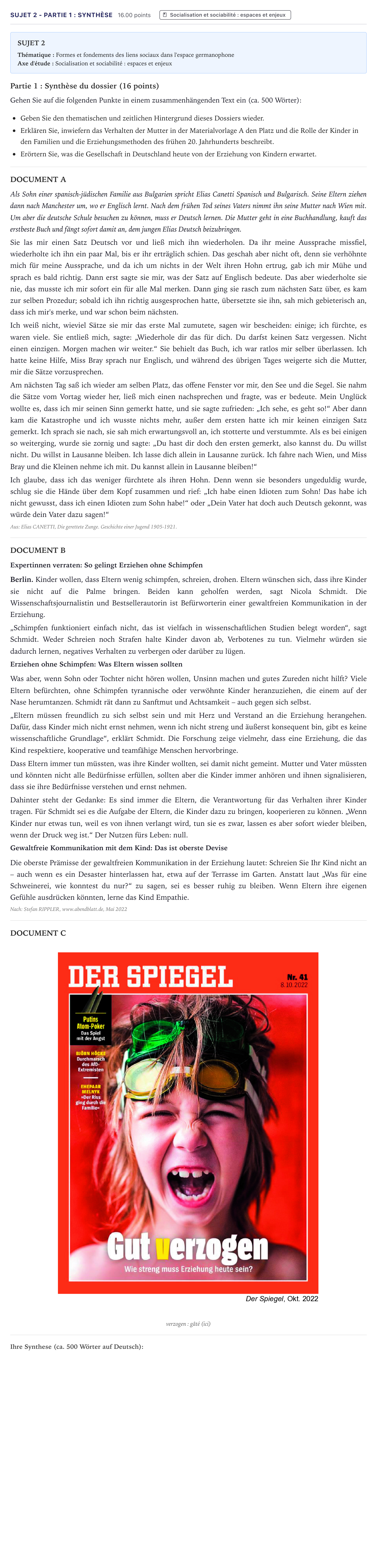 Énoncé: Sujet 2 - Partie 1 : Synthèse · Bac Allemand Métropole 2024