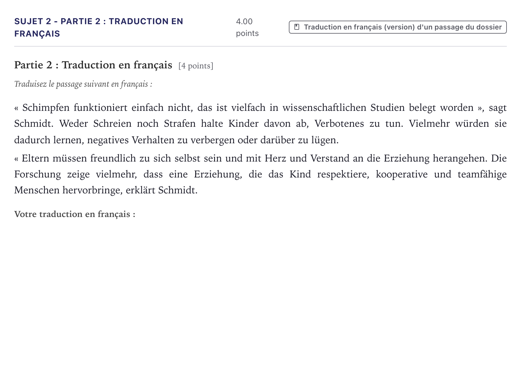 Énoncé: Sujet 2 - Partie 2 : Traduction en français · Bac Allemand Métropole 2024