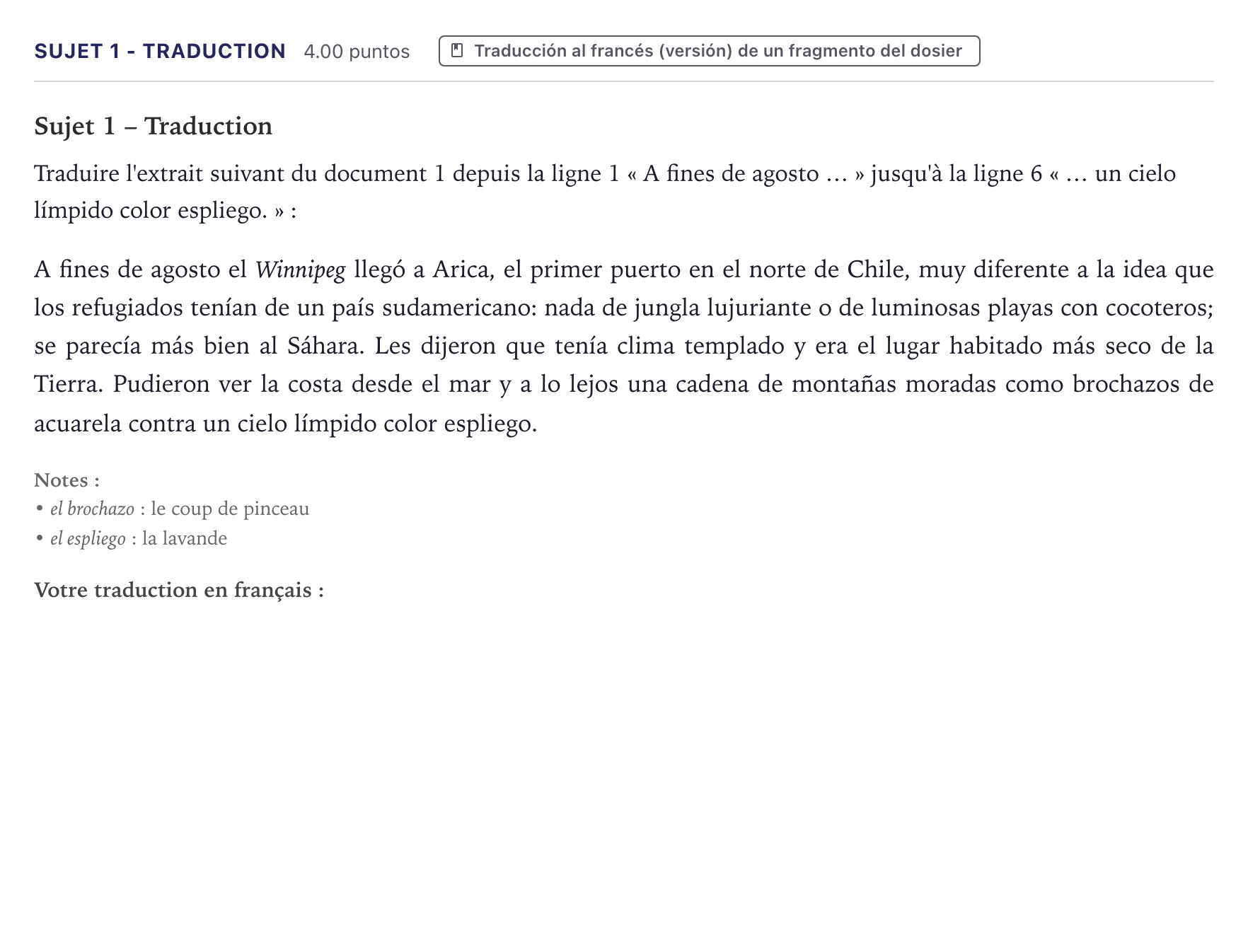 Énoncé: Sujet 1 - Traduction · Bac Espagnol Métropole 2024