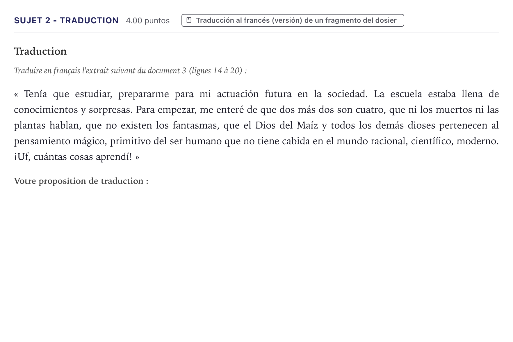 Énoncé: Sujet 2 - Traduction · Bac Espagnol Métropole 2024