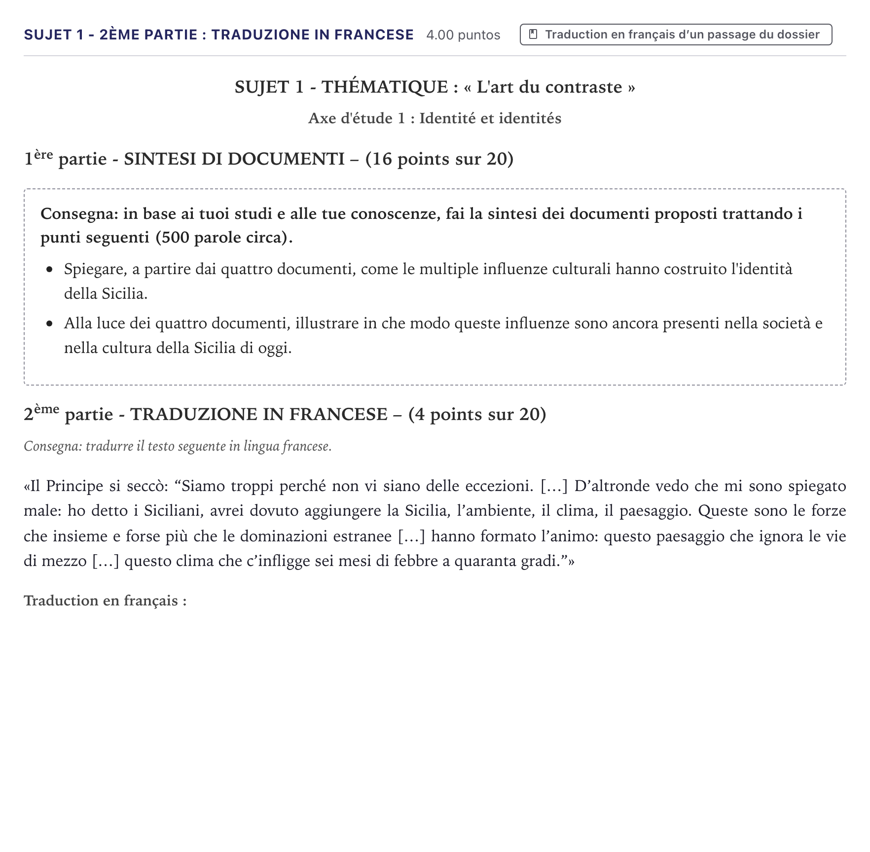 Énoncé: Sujet 1 - 2ème partie : Traduzione in francese · Bac Italien Métropole 2024