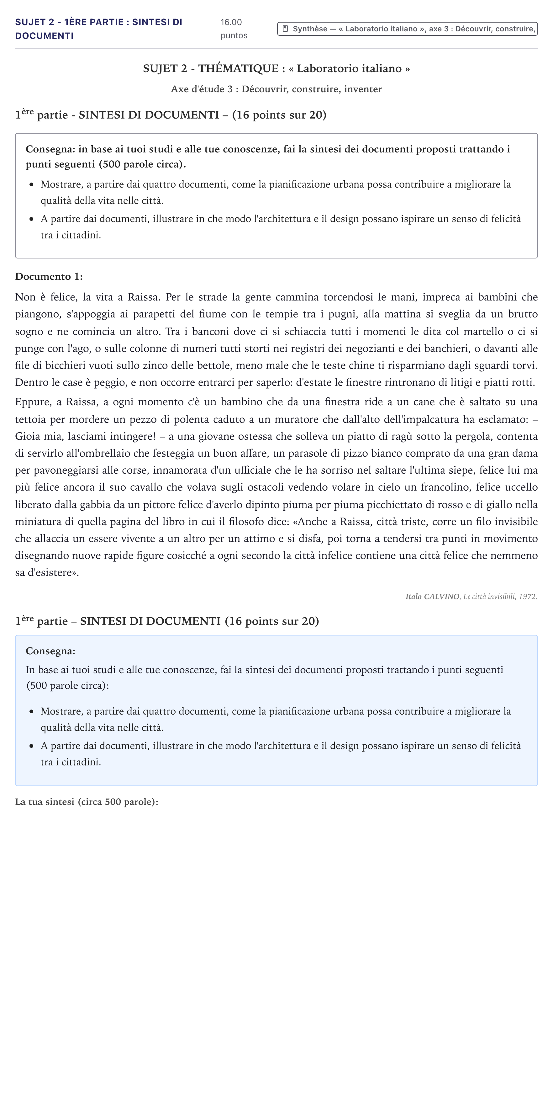 Énoncé: Sujet 2 - 1ère partie : Sintesi di documenti · Bac Italien Métropole 2024
